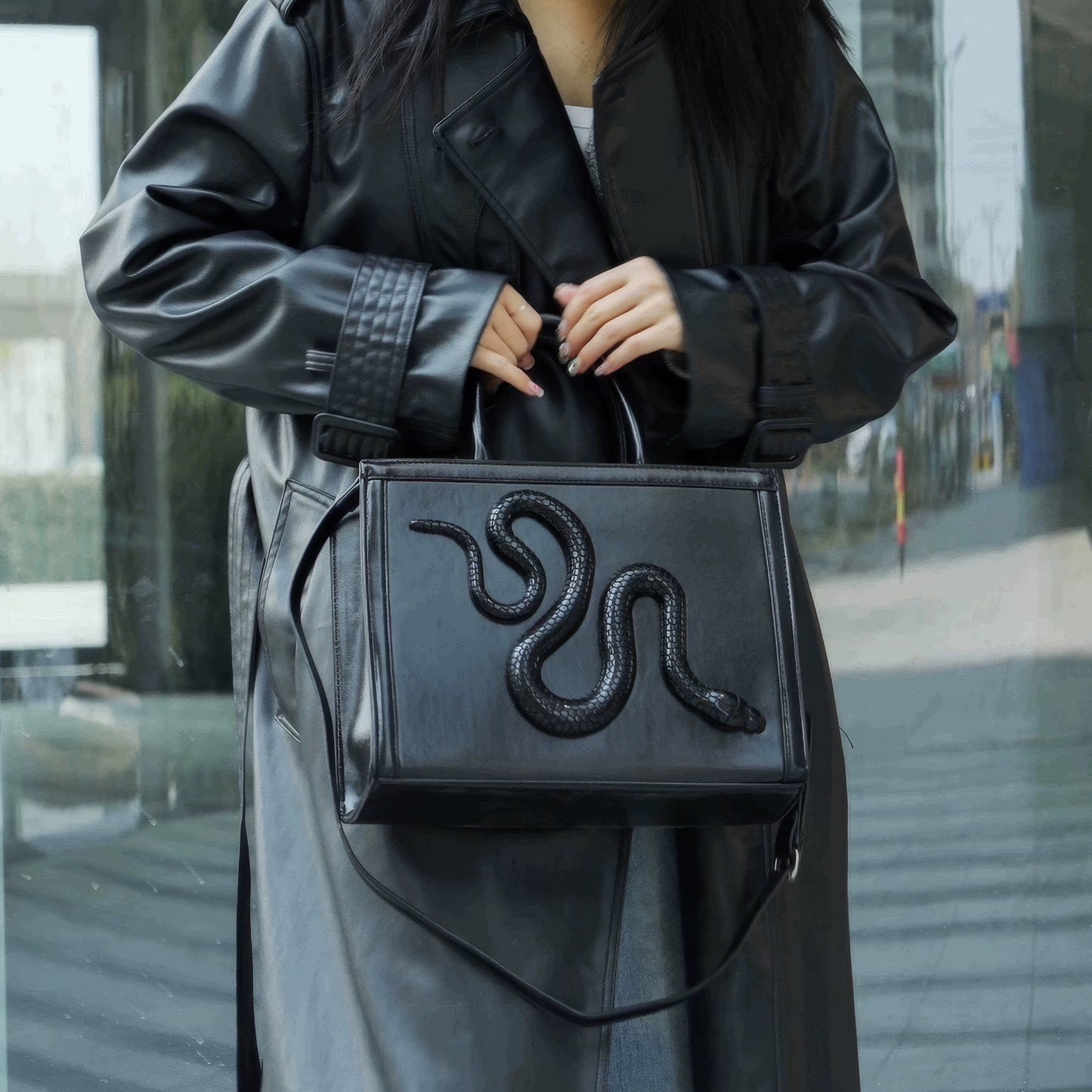 Embossed Snake Detail Black Handbag