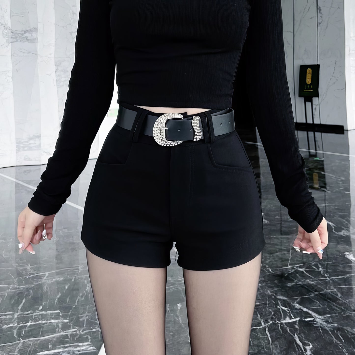 Rhinestone Buckle Black Shorts