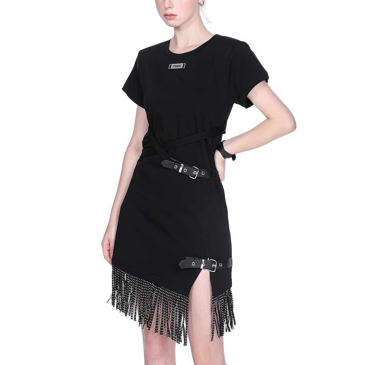 Buckle Strap Asymmetrical Fringe Dress