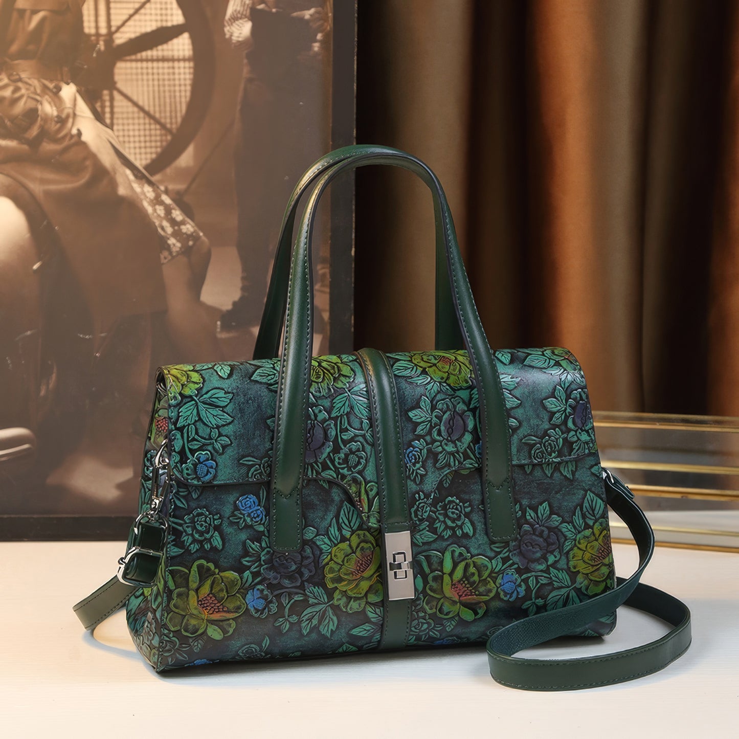 Embossed Vintage Floral Brown Handle Bag