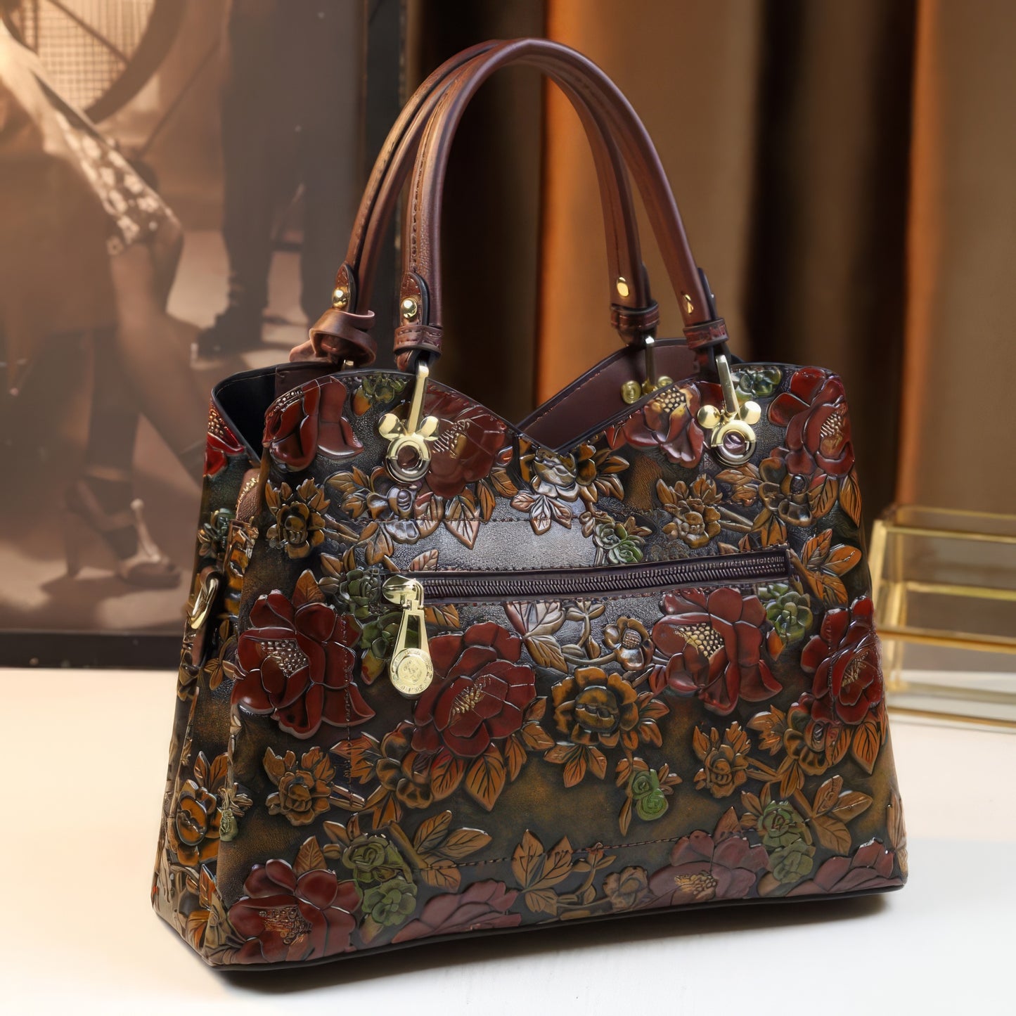 Vintage Embossed Rose Tote Bag with Gold Accents
