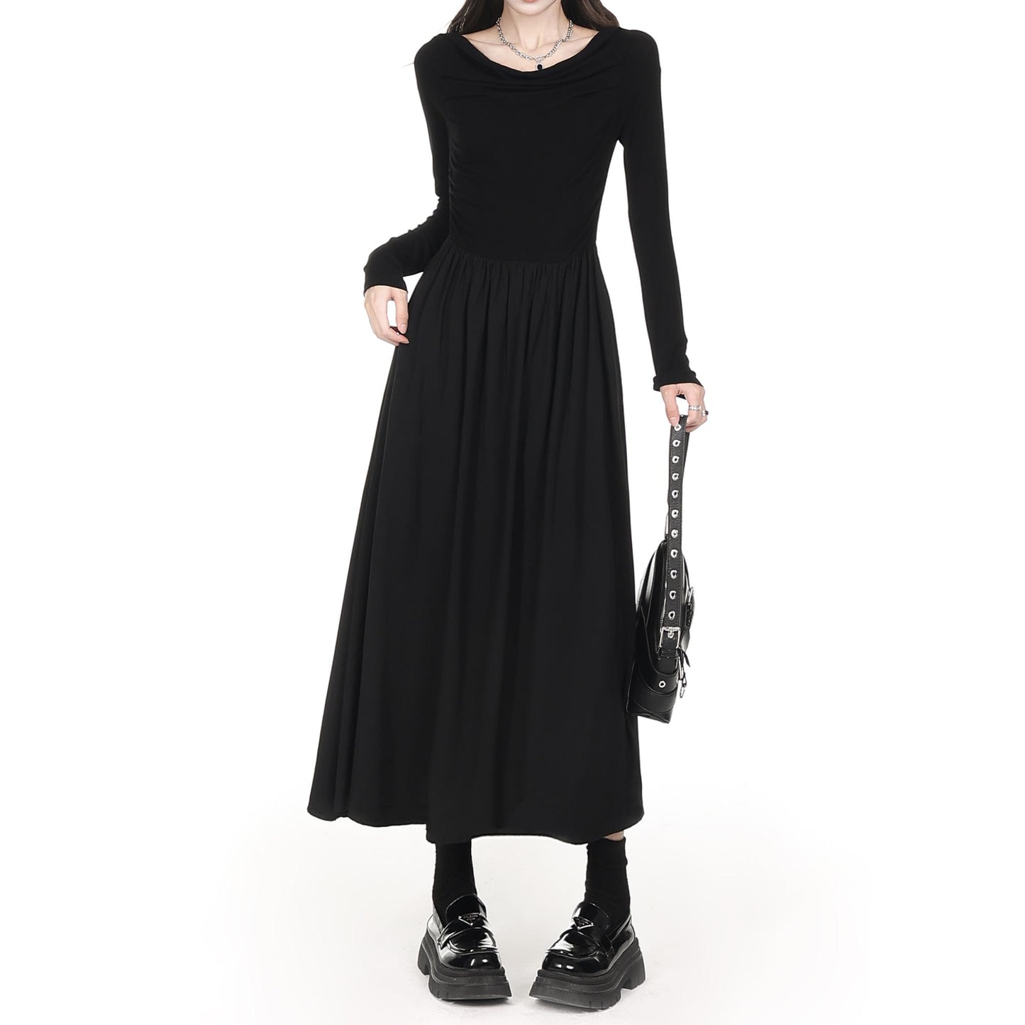 Draped Off Shoulder Long Sleeve Maxi Dress