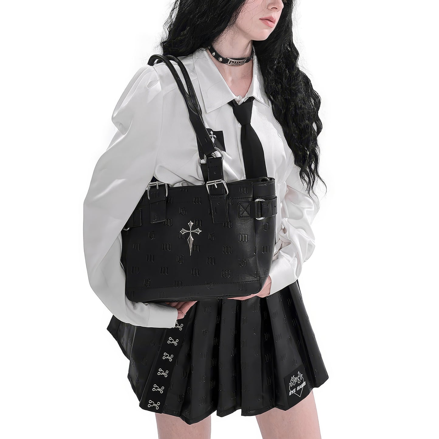 Buckle Detail Embossed Shoulder Bag