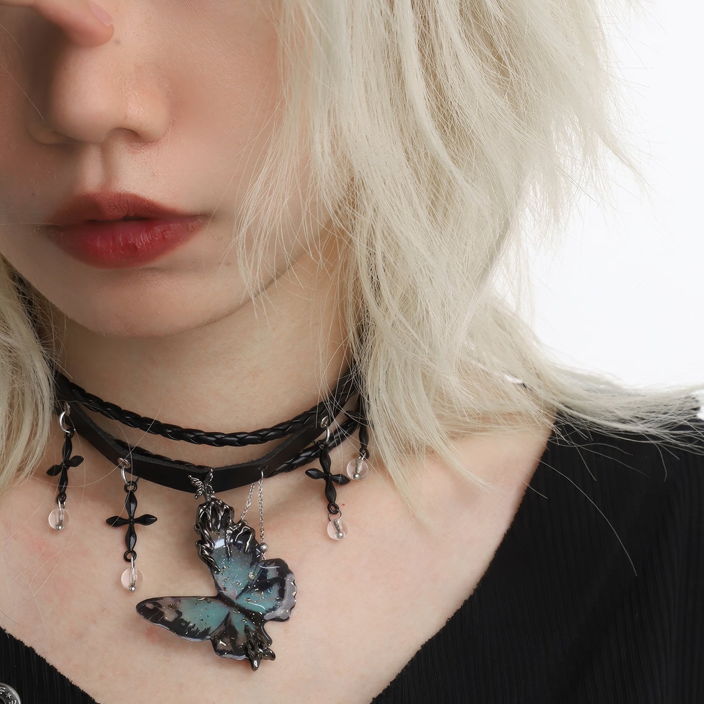 Layered Butterfly Pendant Leather Choker