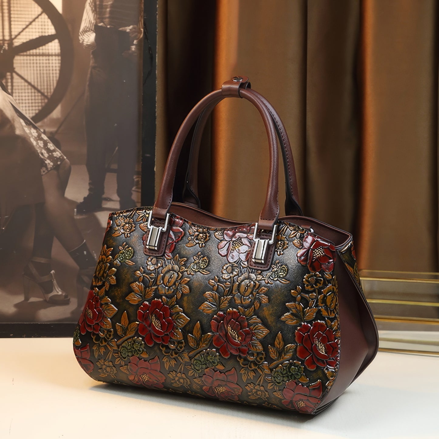 Embossed Rose Pattern Curved Handle Bag