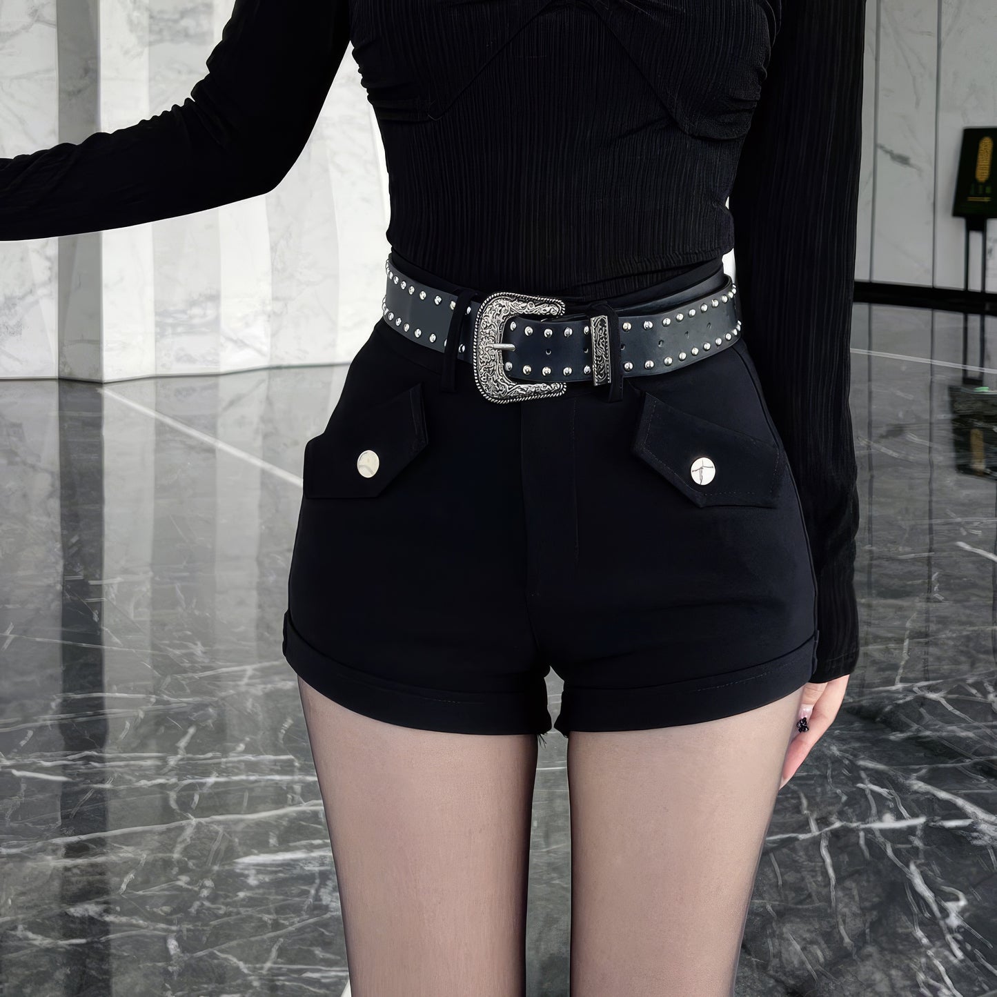 Studded Belt Flap Pocket Shorts