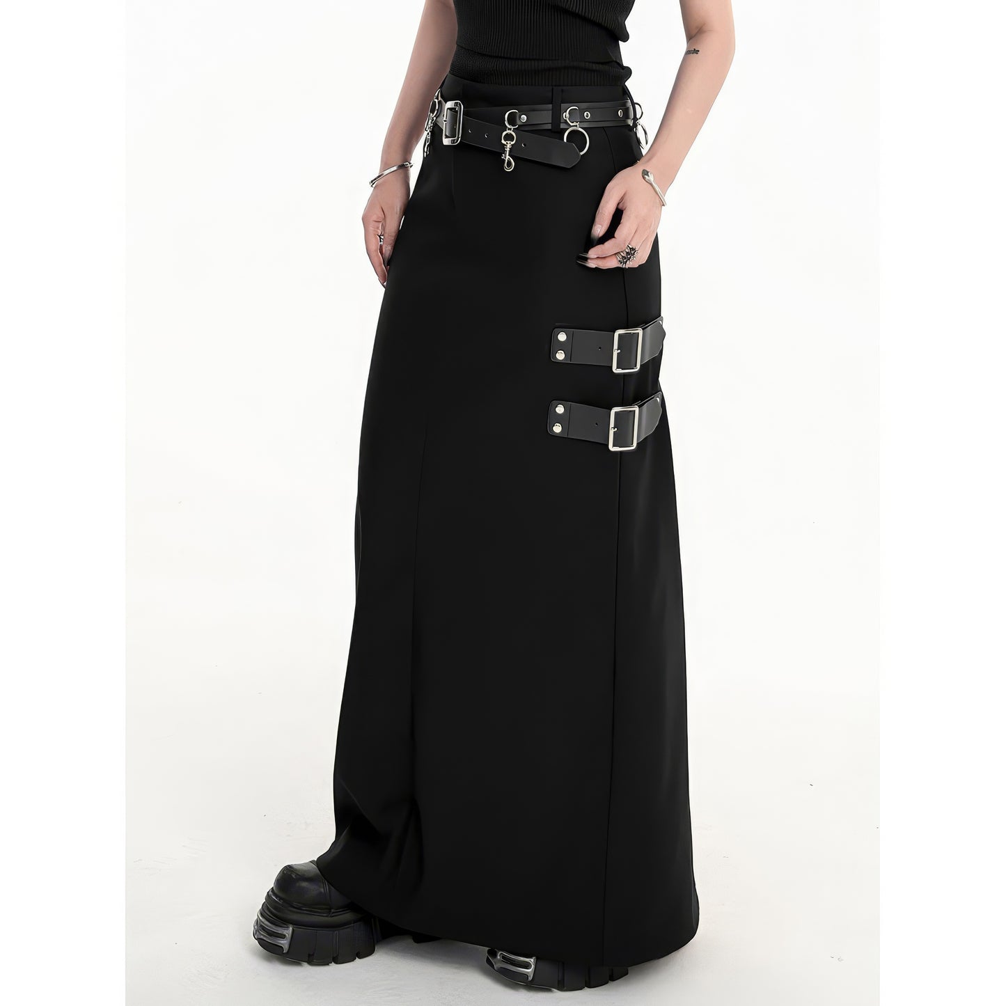 Buckle Strap Side Slit Maxi Skirt