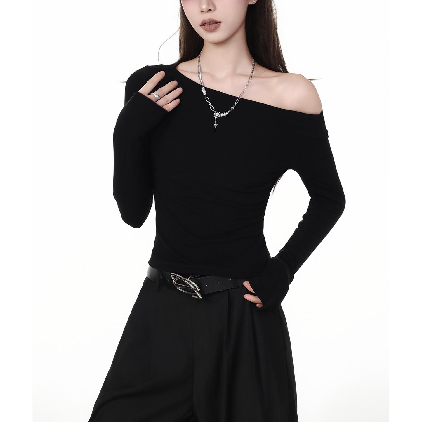 Asymmetrical Off Shoulder Black Top
