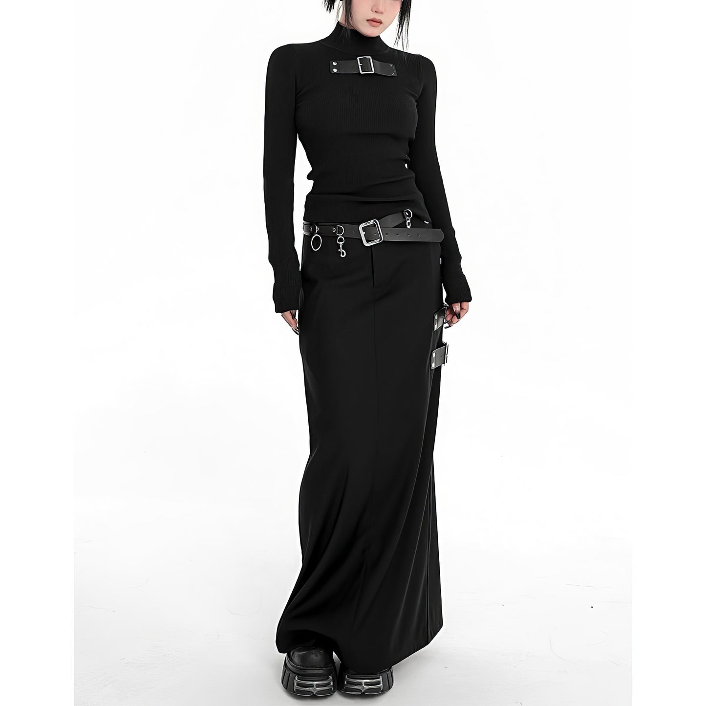 Buckle Strap Side Slit Maxi Skirt