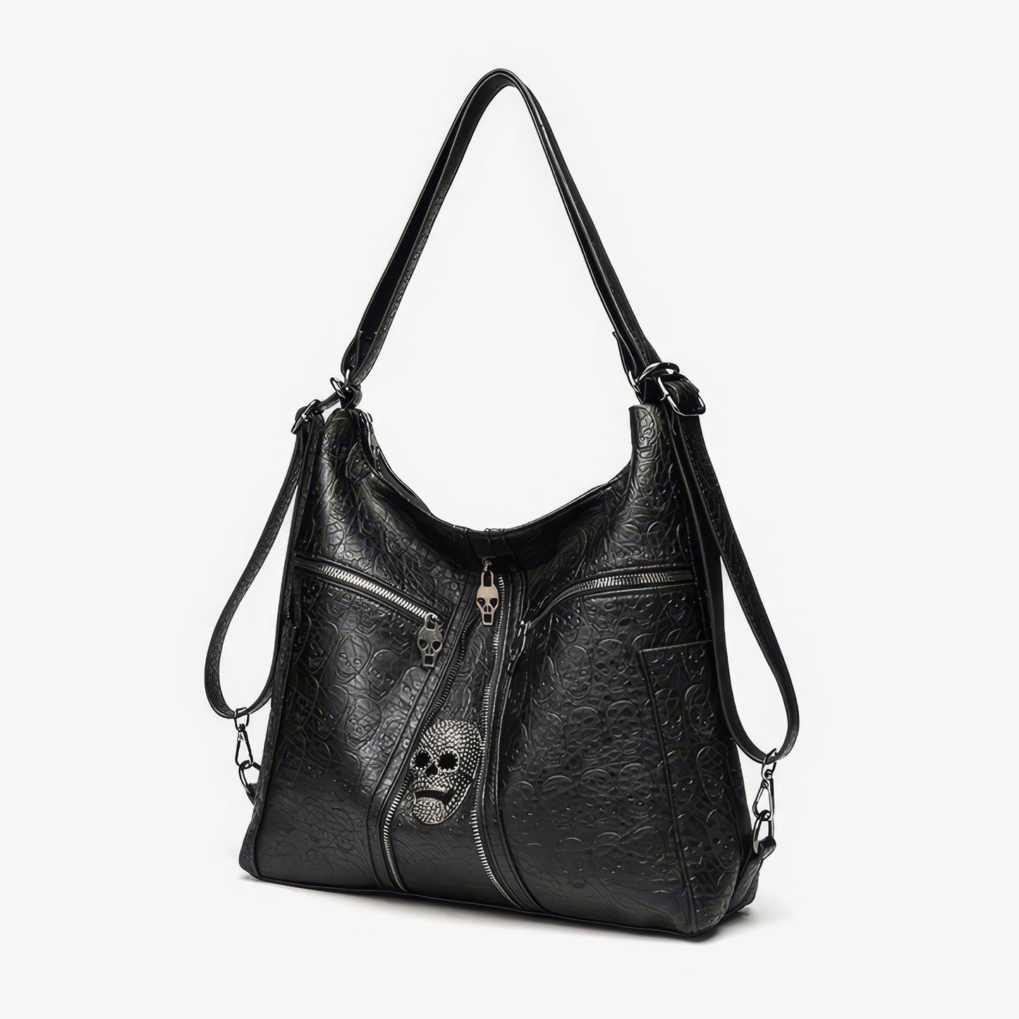 Skull Embossed Zip Detail Hobo Bag