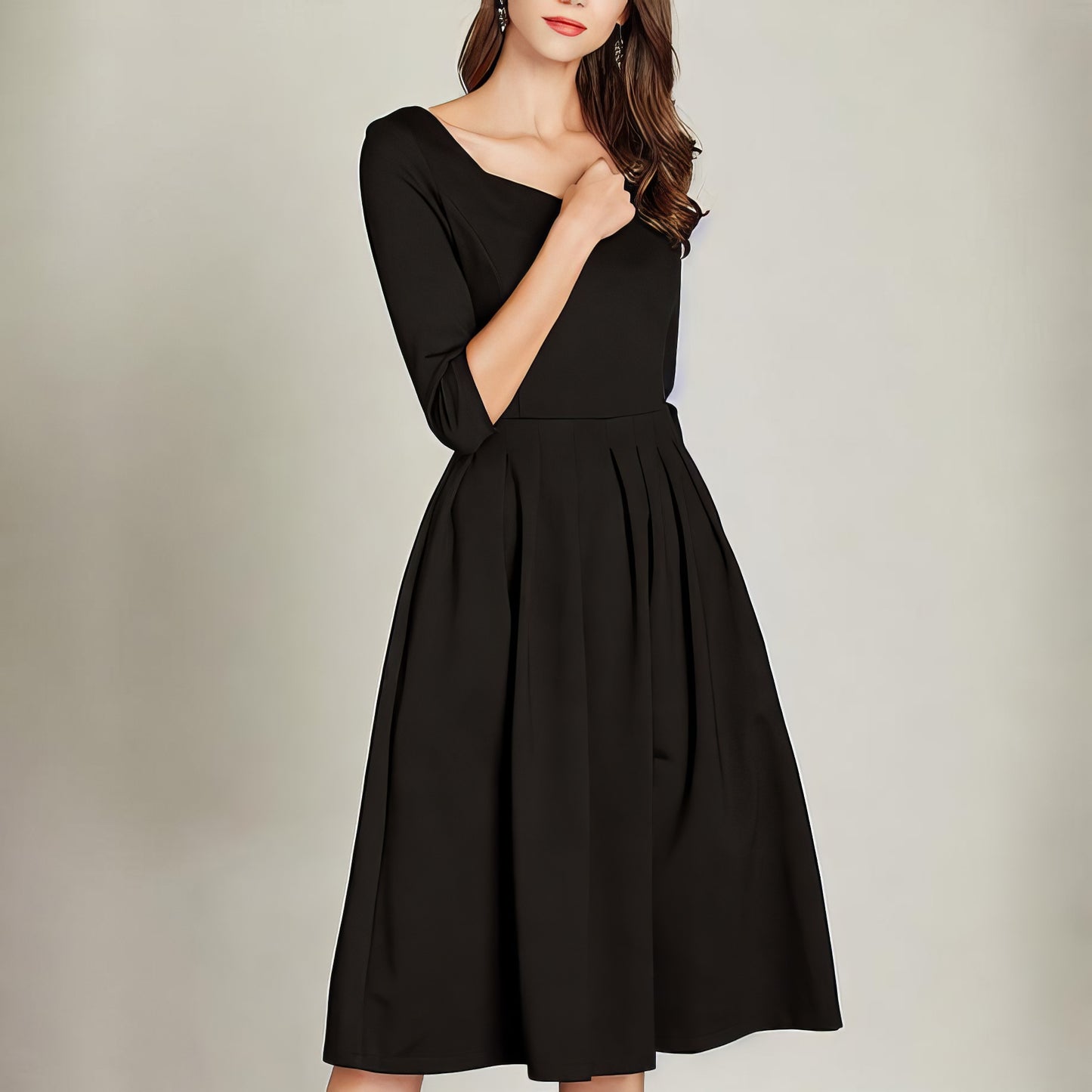 Elegant Pleated Black Midi Dress