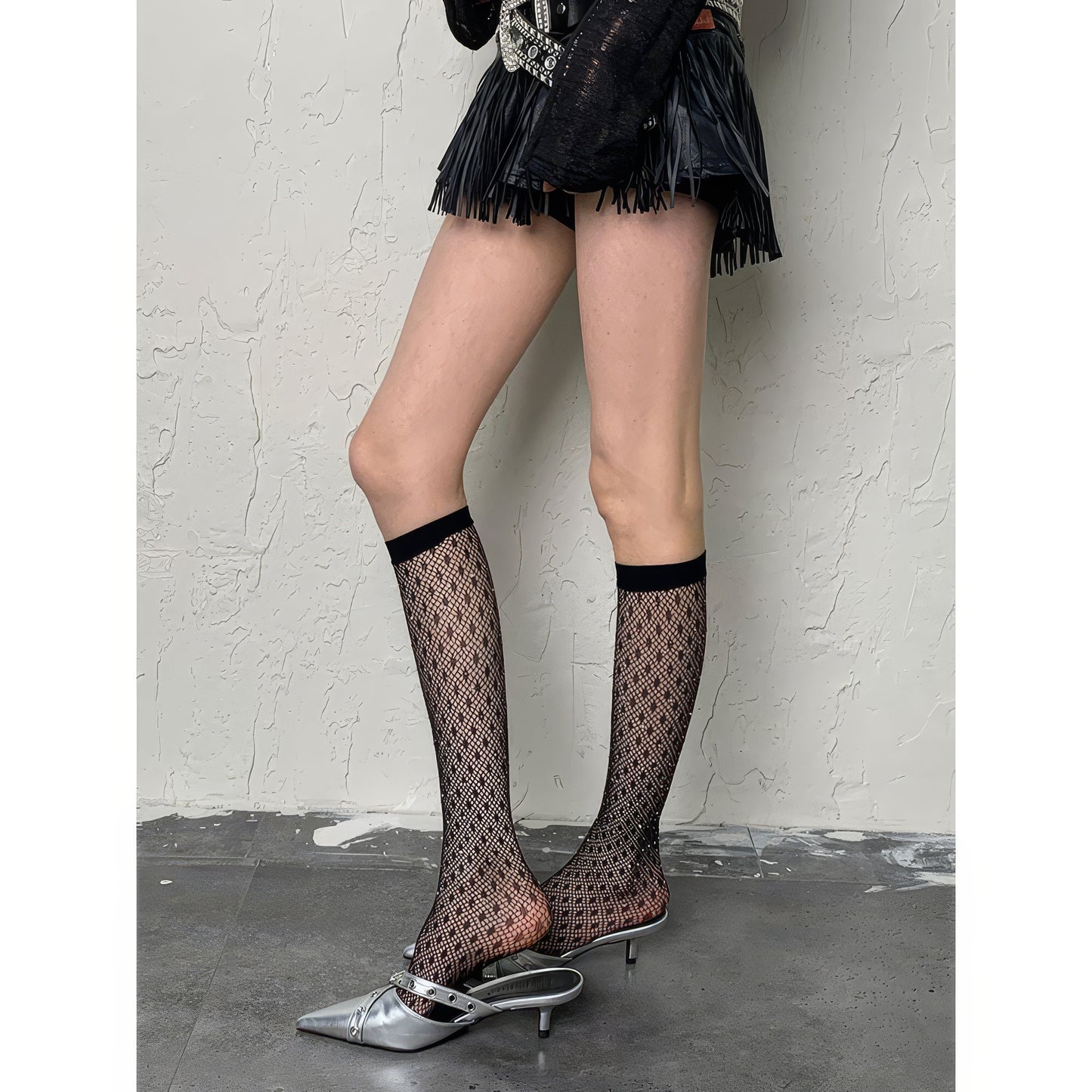 Sheer Diamond Mesh Knee-High Socks