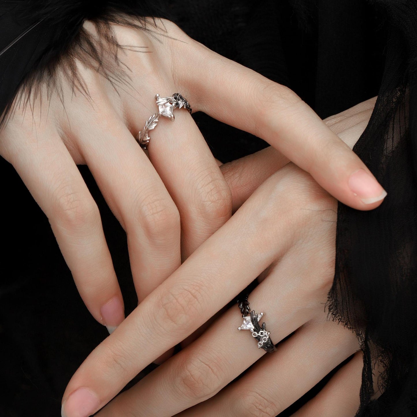 Feather Chain Open Ring with Crystal Gem