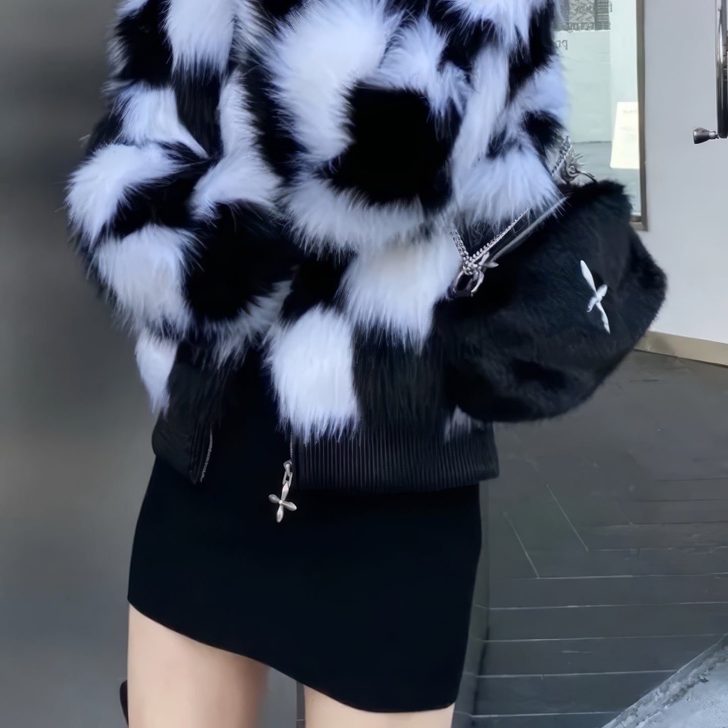 Faux Fur Cross Emblem Chain Shoulder Bag