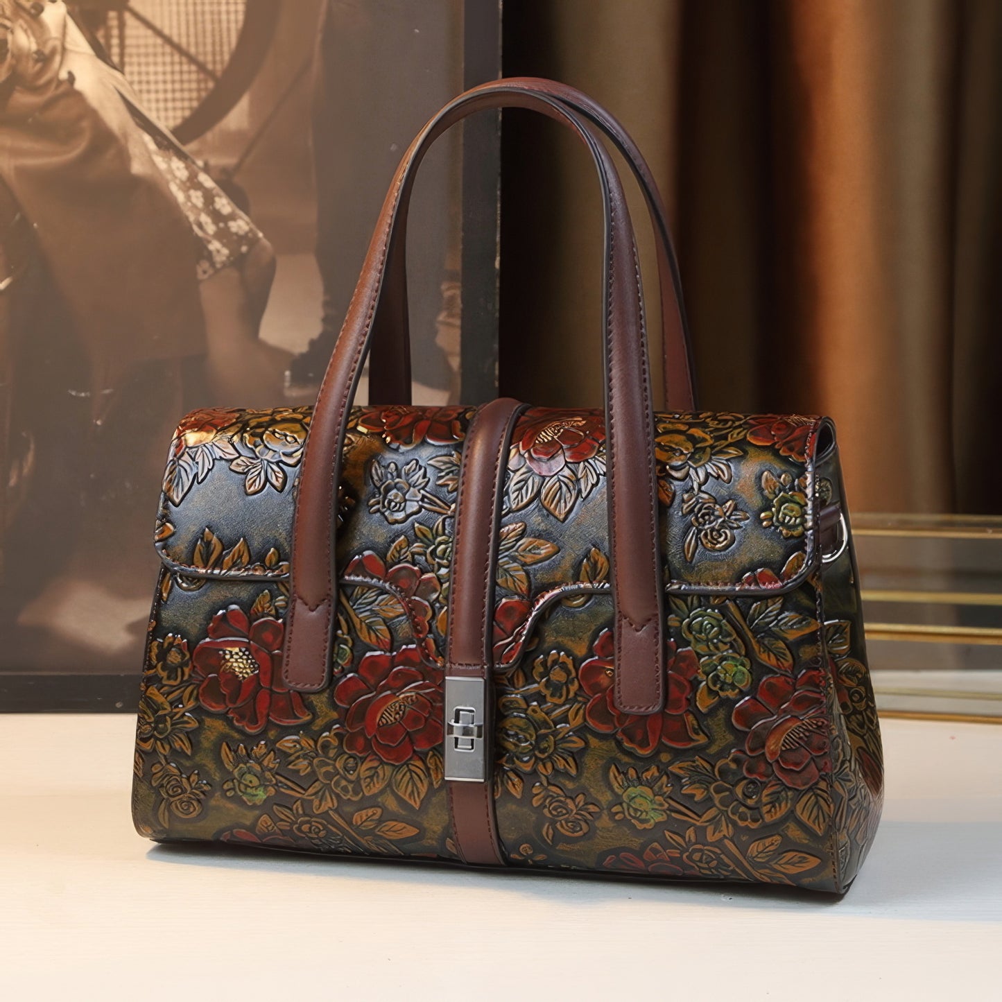 Embossed Vintage Floral Brown Handle Bag