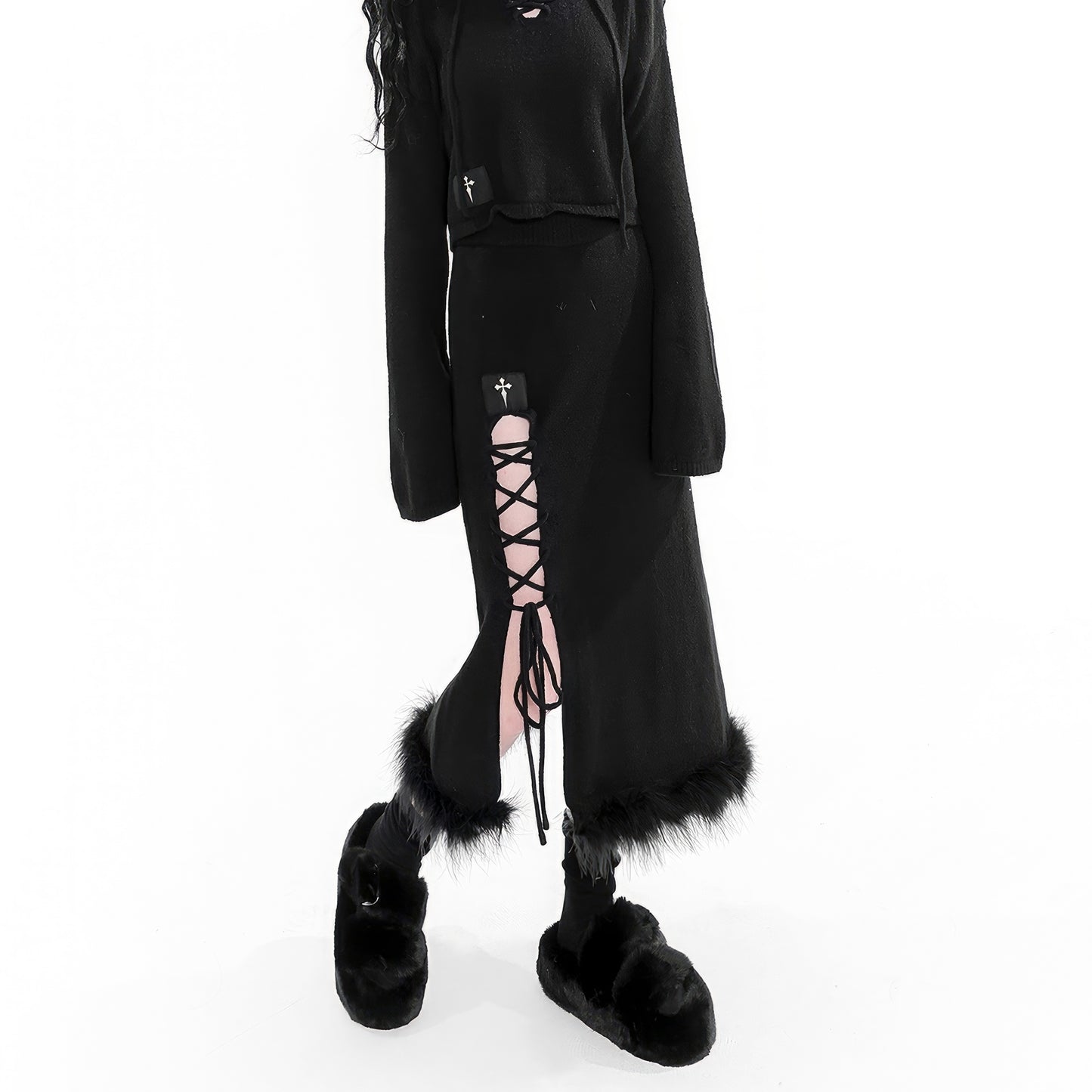 Faux Fur Hem Knit Skirt with Side Lace-Up Detail