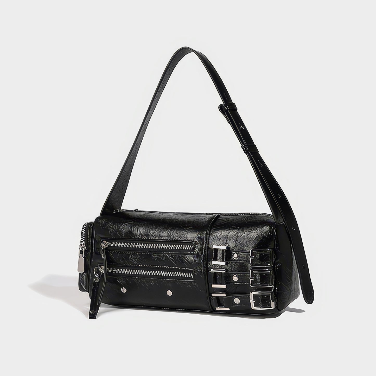 Glossy Buckle Strap Barrel Shoulder Bag