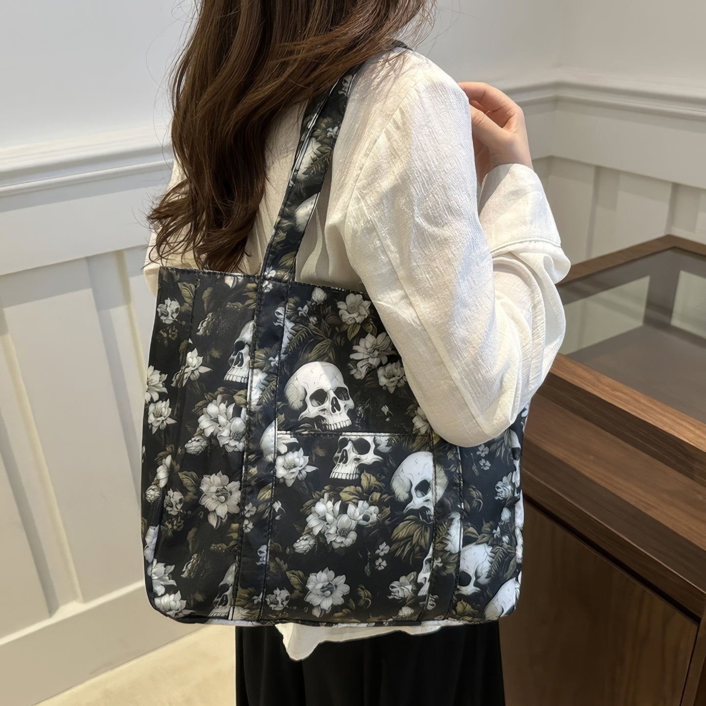 Floral Skull Print Canvas Tote
