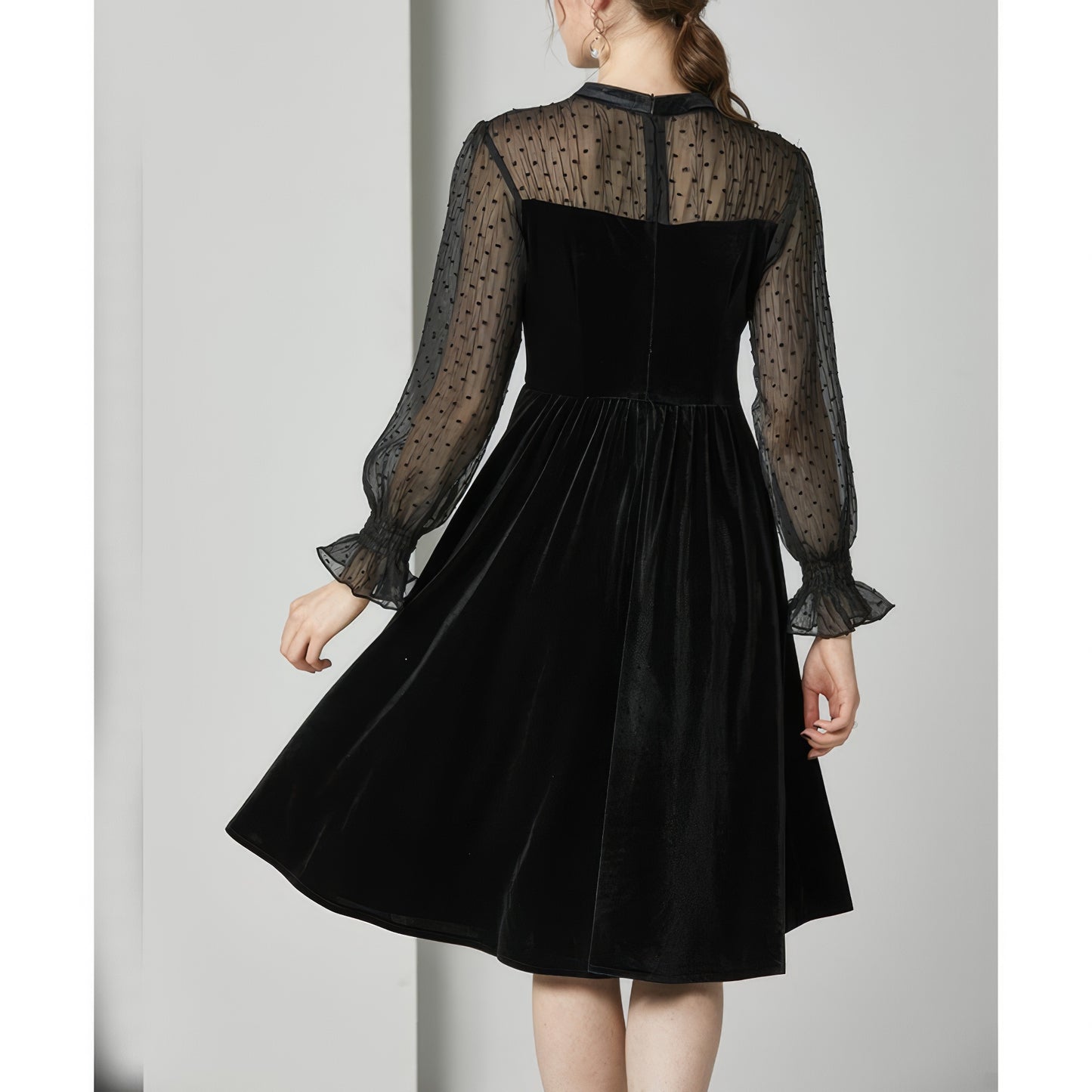 Velvet Mesh Dot Sleeve Black Midi Dress