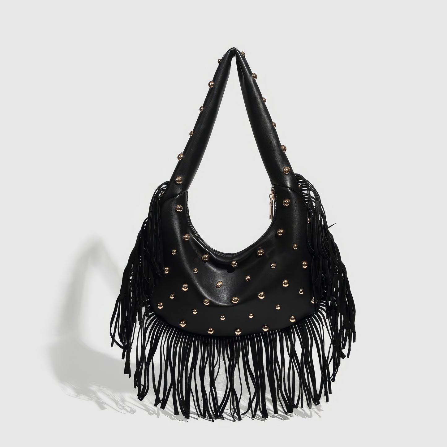 Fringed Studded Crescent Shoulder Bag