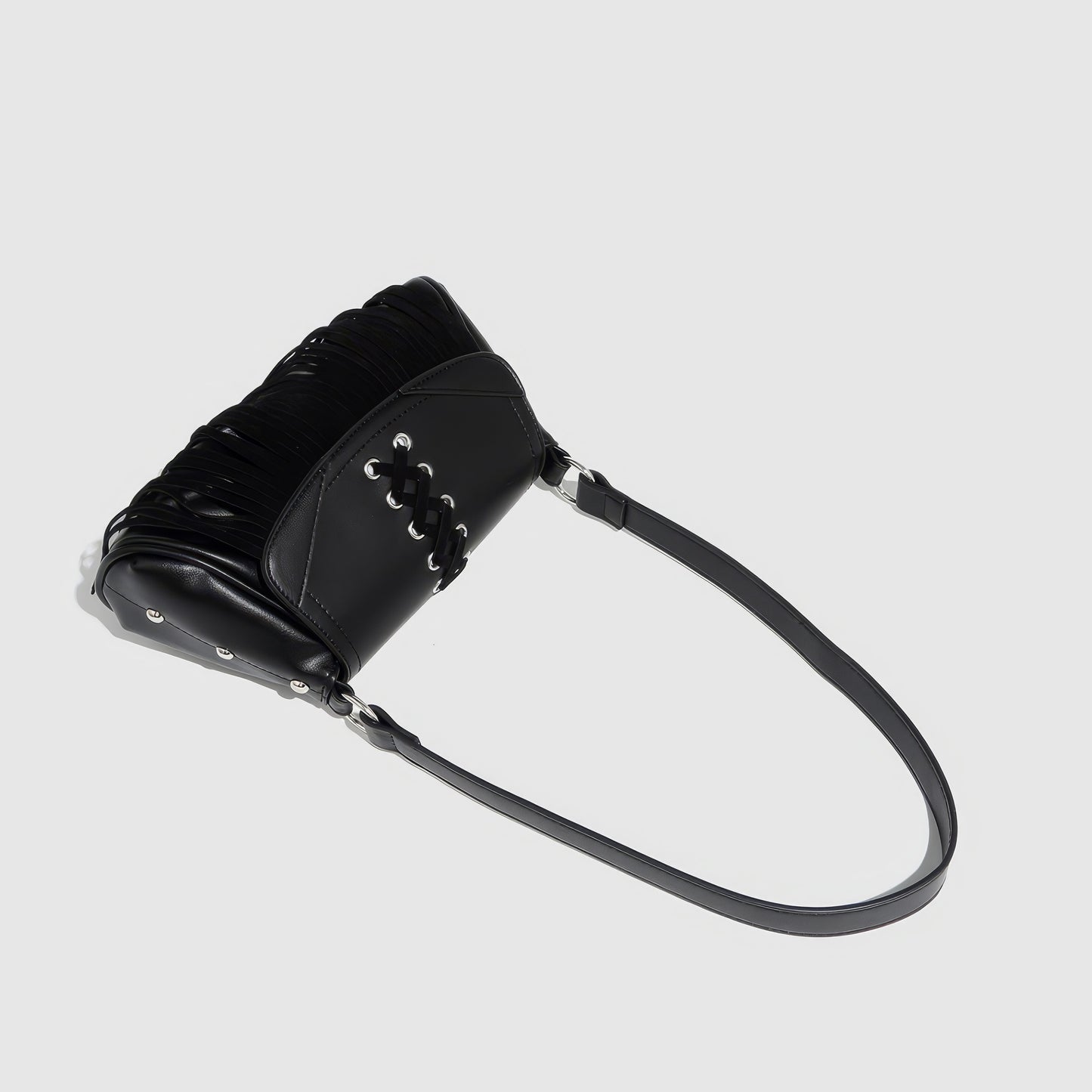 Lace-Up Fringe Flap Shoulder Bag