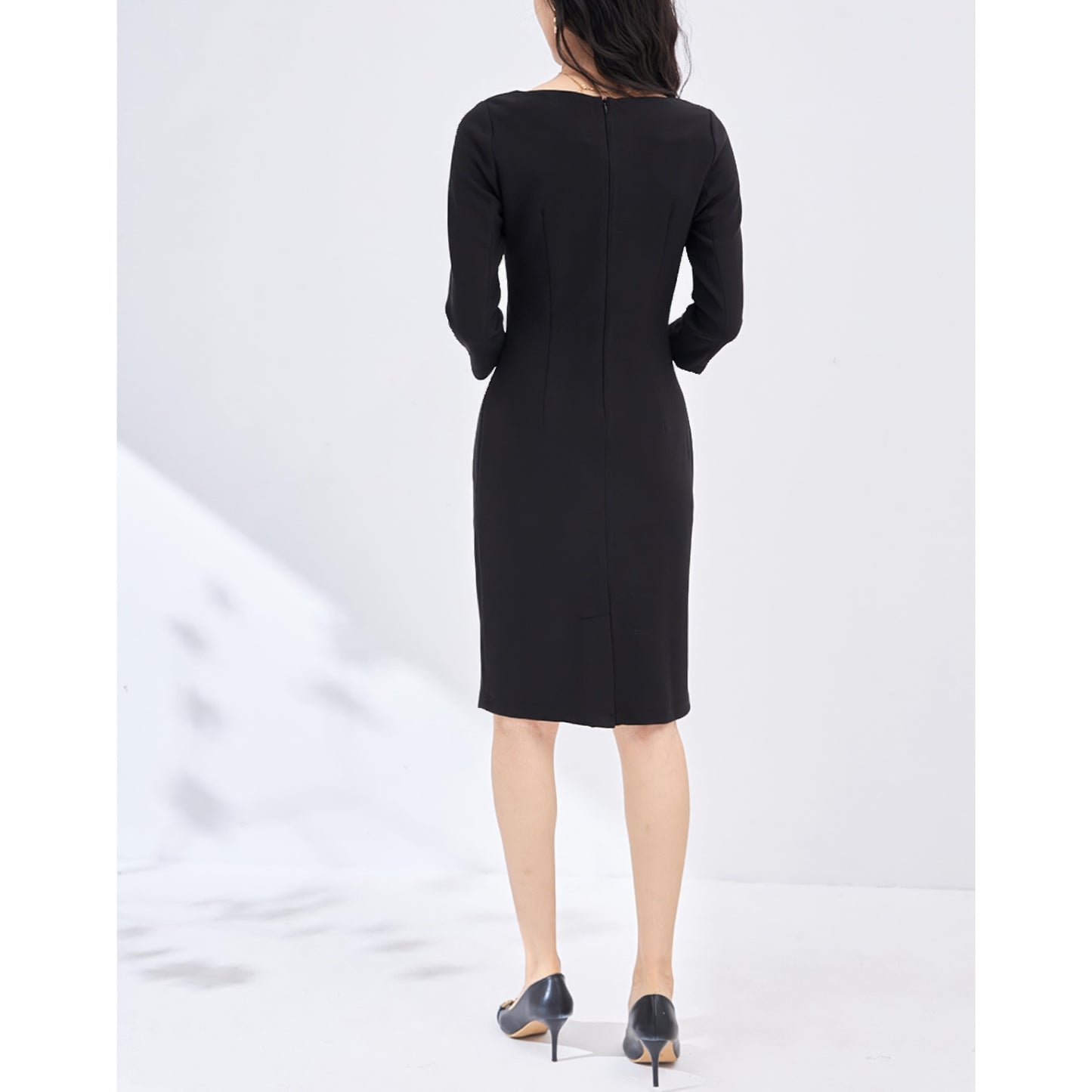 Boat Neck Fitted Black Midi Dress