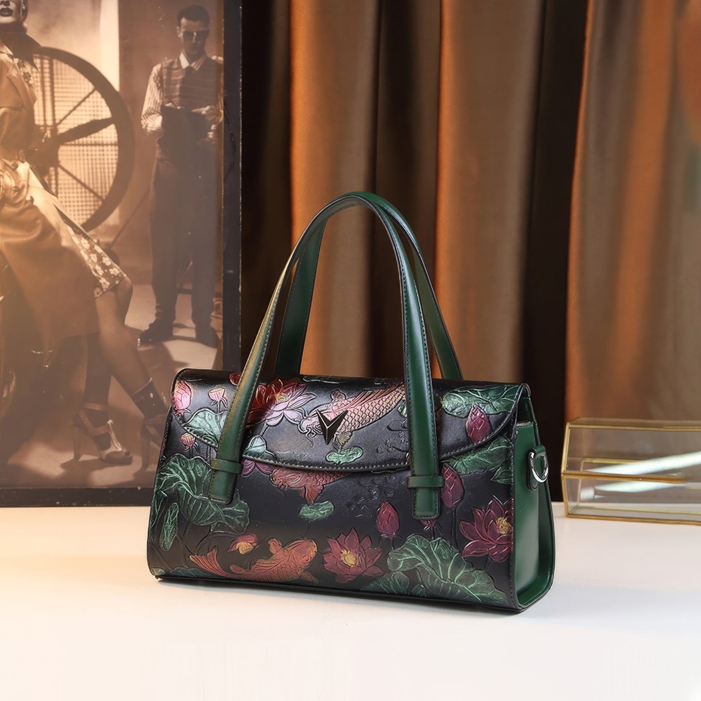 Embossed Koi Floral Green Handle Bag