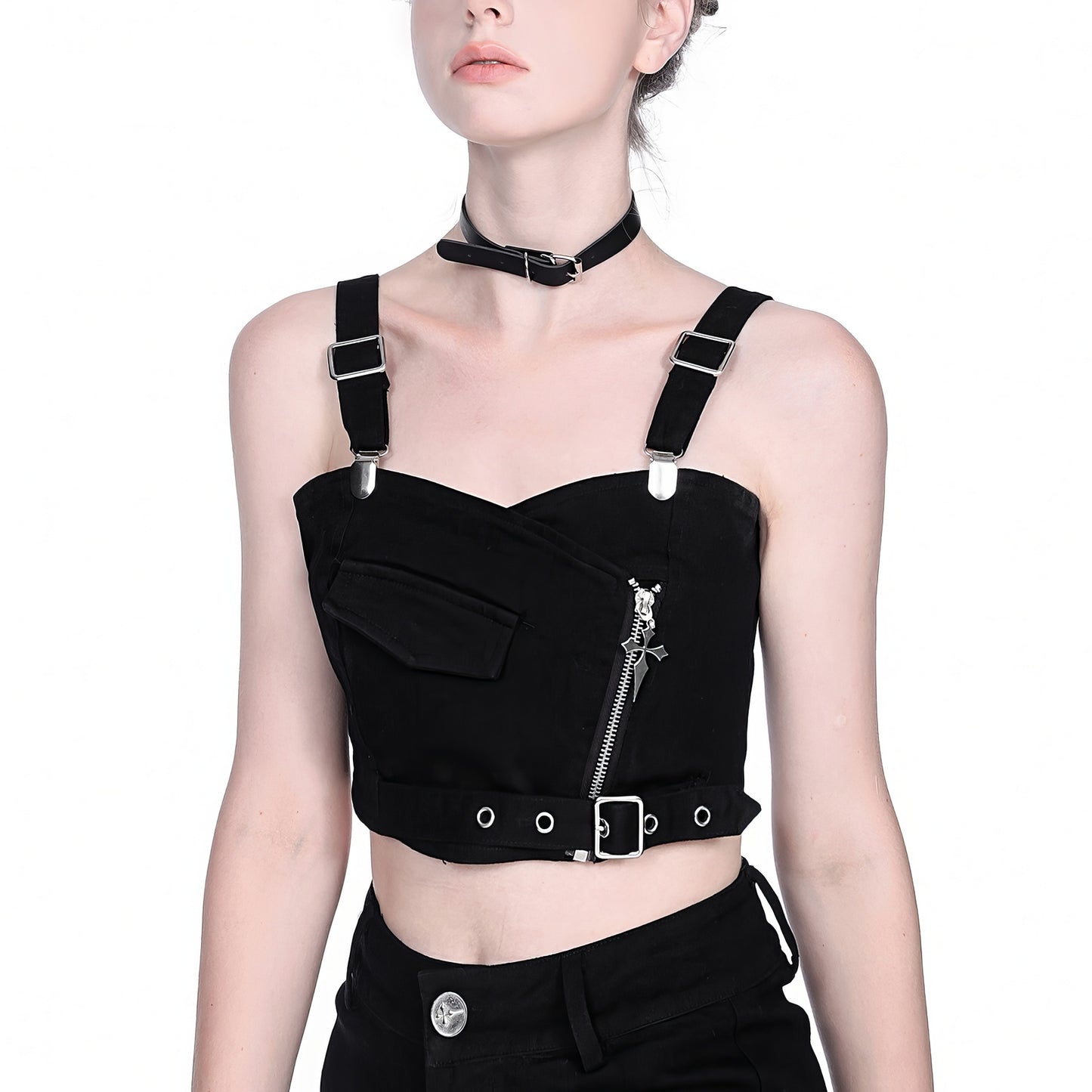 Belted Zipper Strap Crop Top