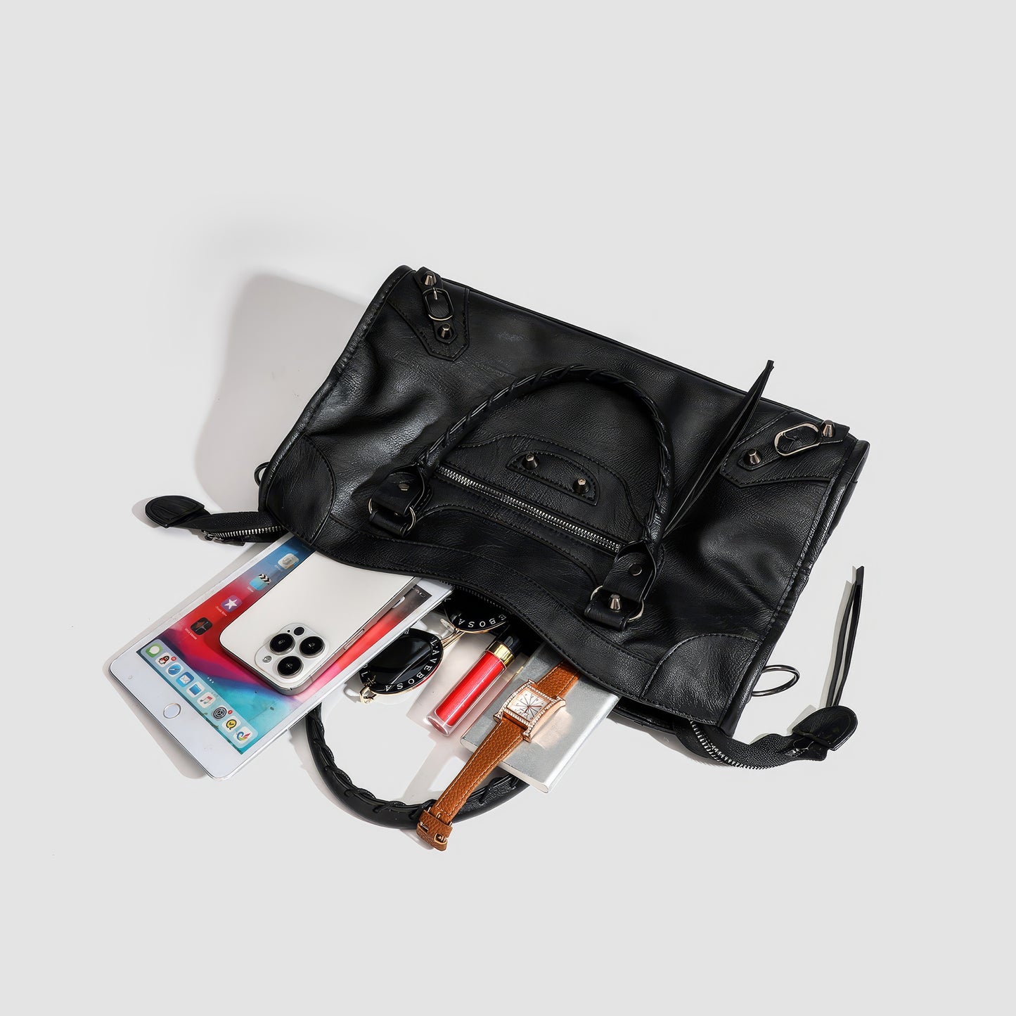 Textured Zip Accent Black Shoulder Bag