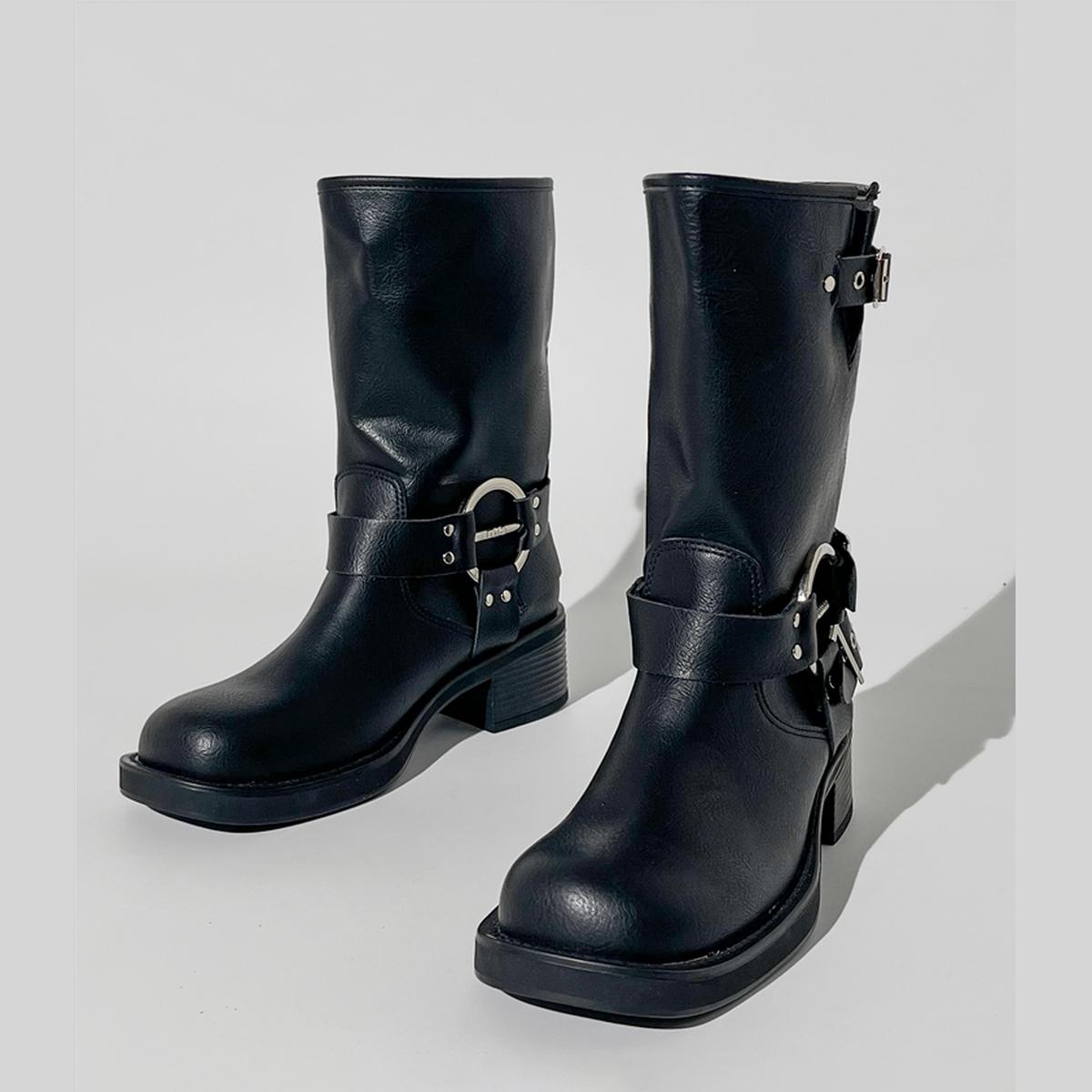 Black Buckle Harness Mid-Calf Boots