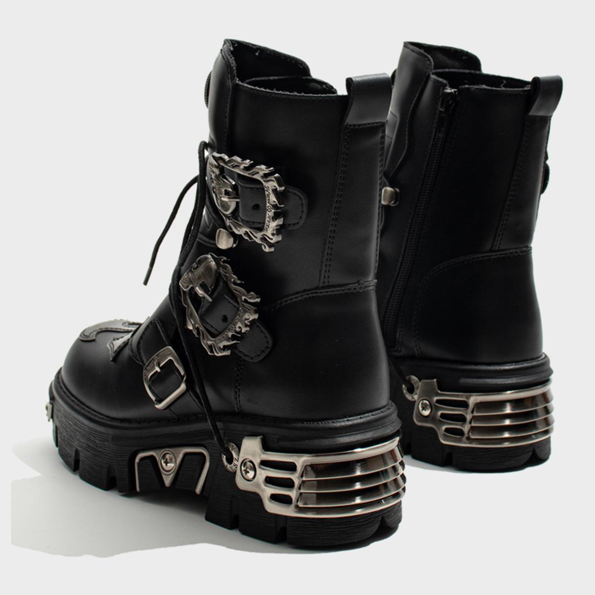 Flame Buckle Metal Accent Platform Boots