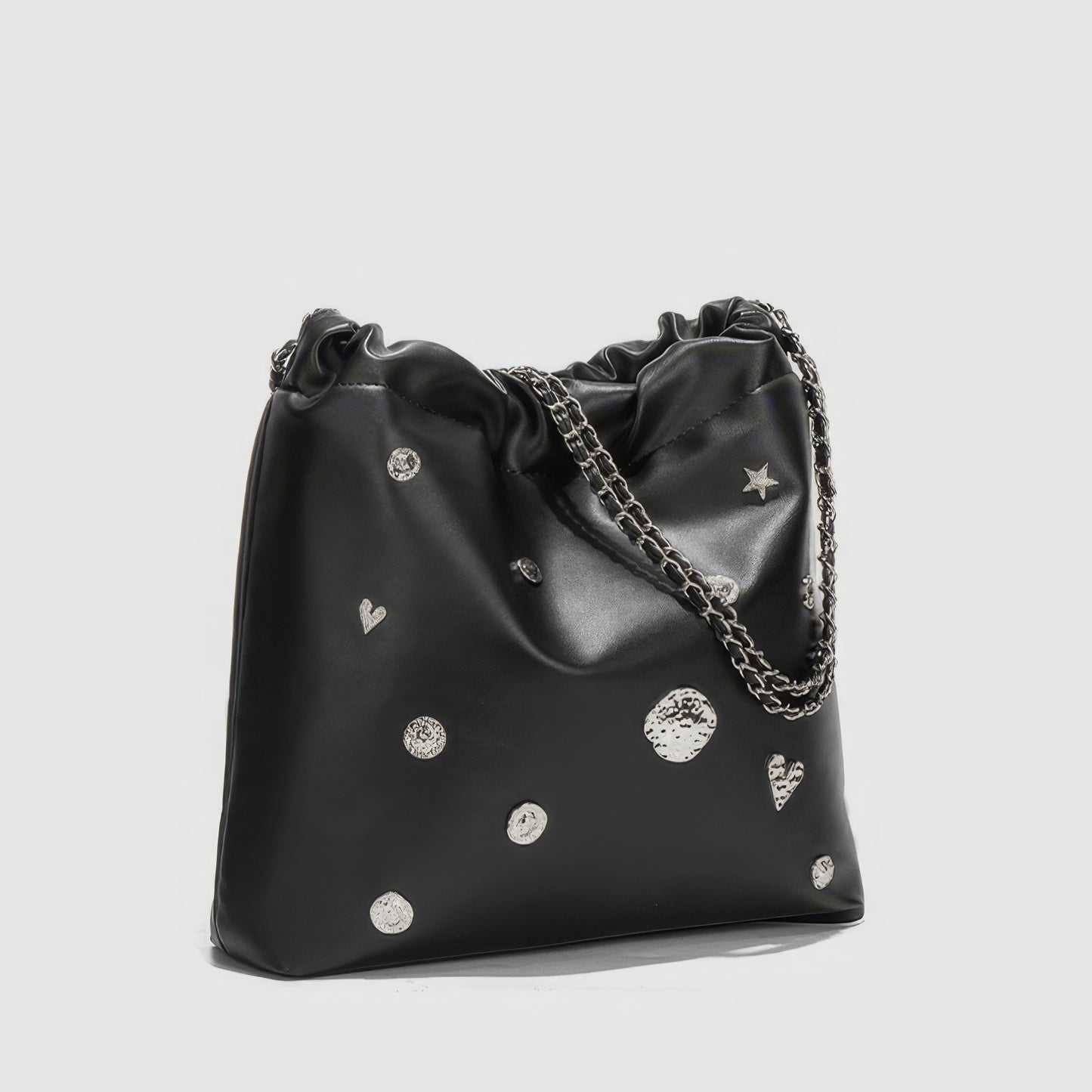 Metallic Studded Drawstring Shoulder Bag