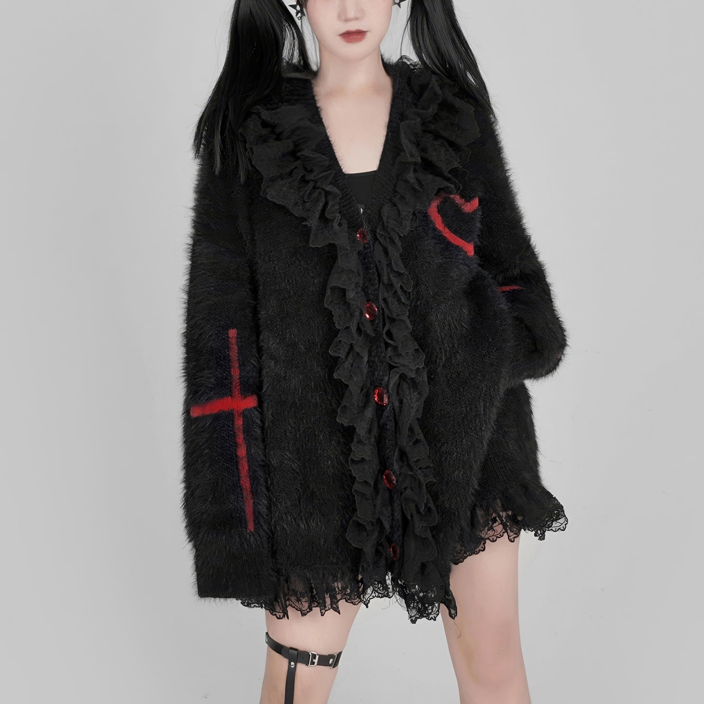 Lace Trim Fuzzy Knit Cardigan