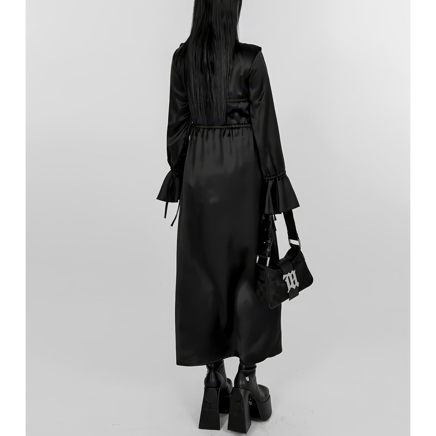 Satin Ruffle Belted Long Dress