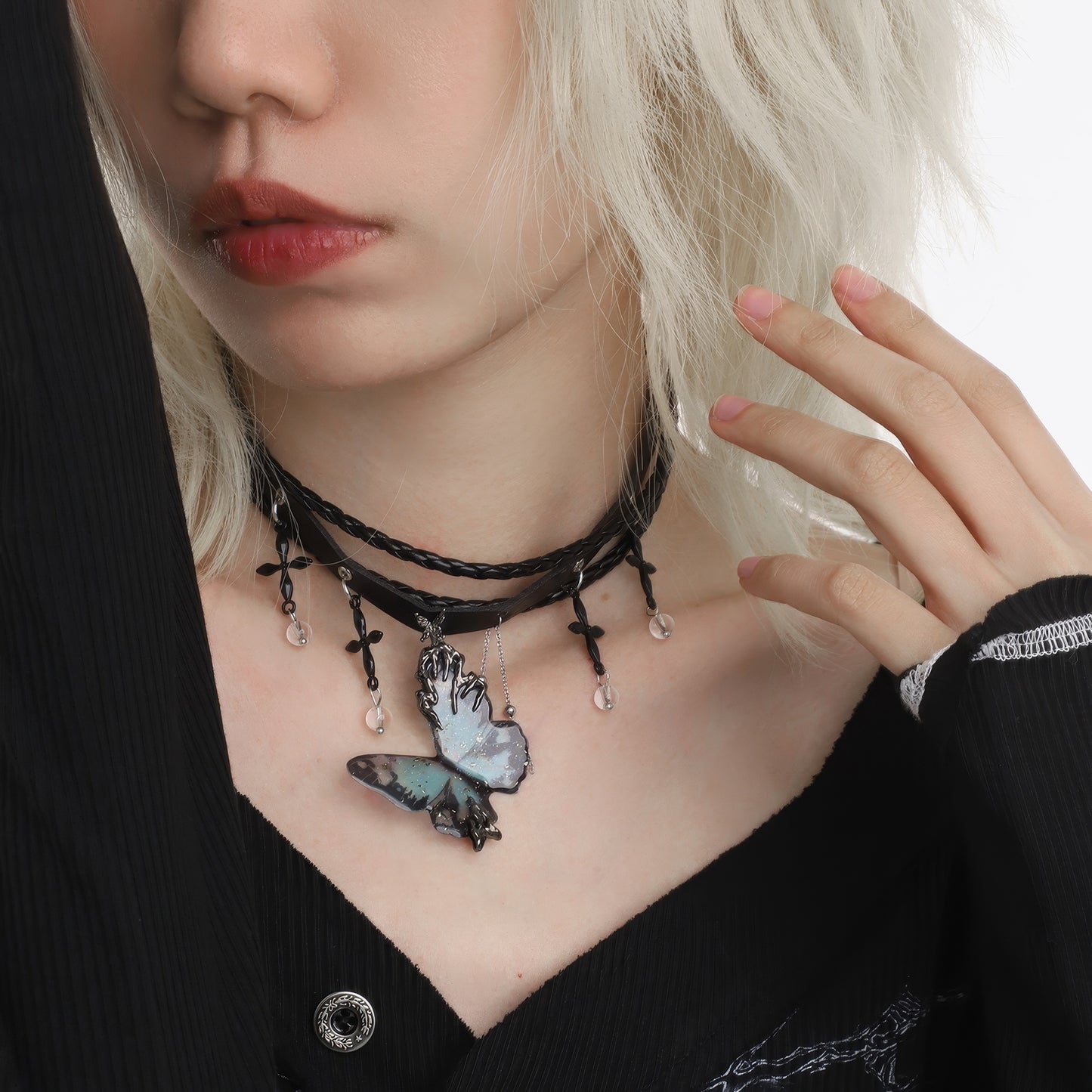 Layered Butterfly Pendant Leather Choker