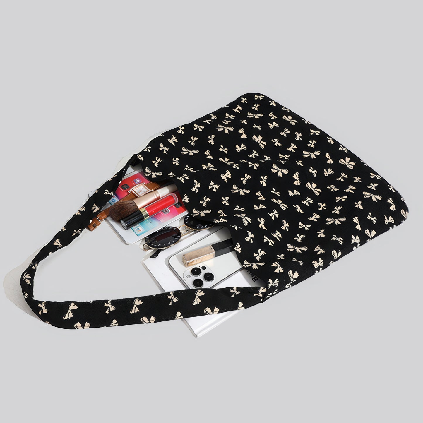Bow Print Slouchy Fabric Shoulder Bag