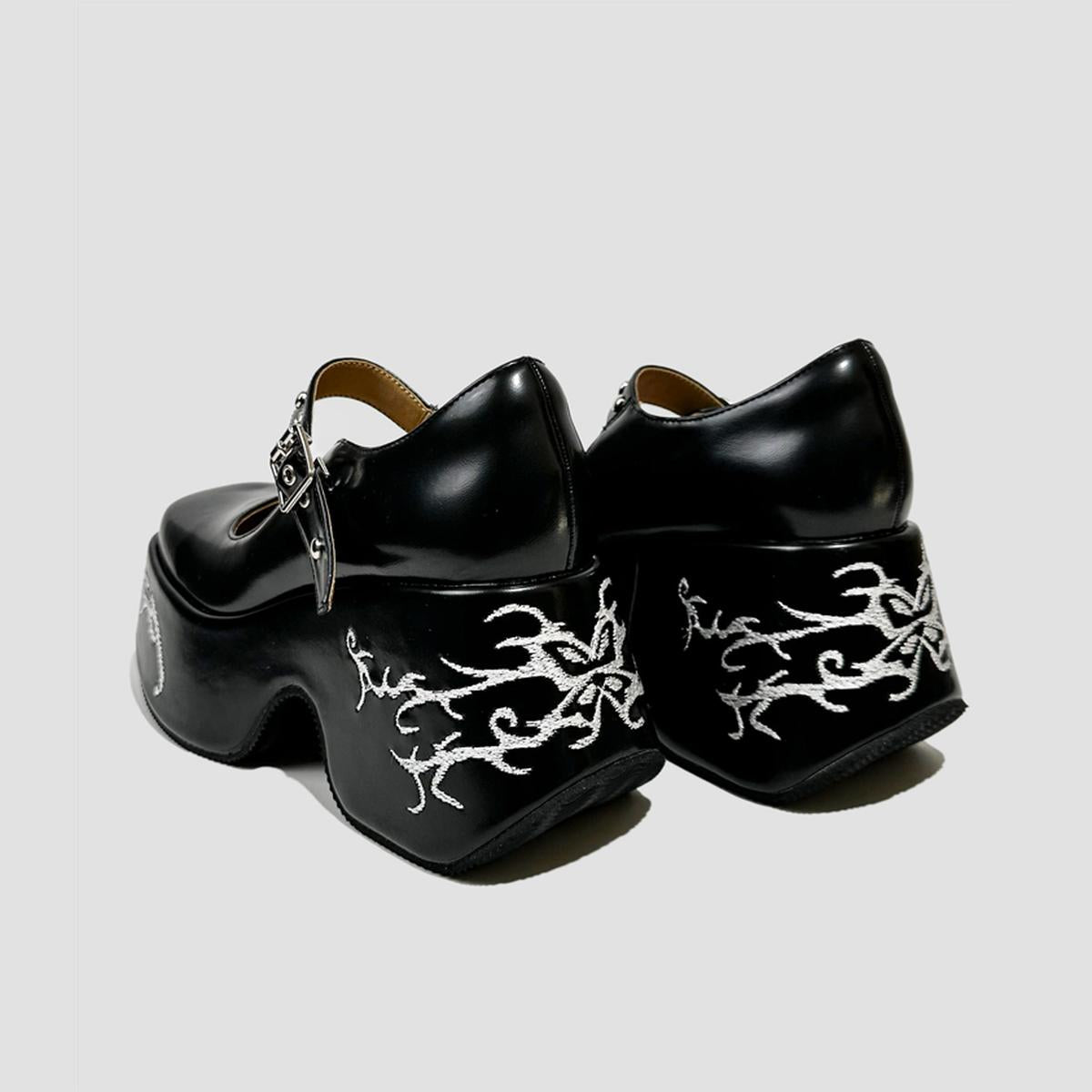 Black Embroidered Platform Mary Jane Shoes