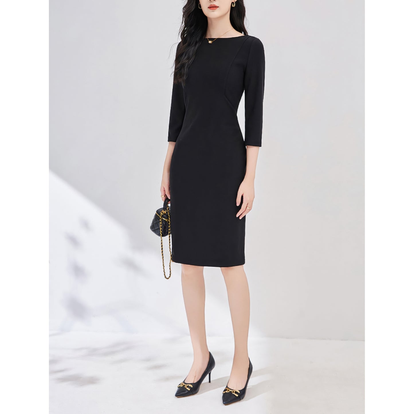 Boat Neck Fitted Black Midi Dress