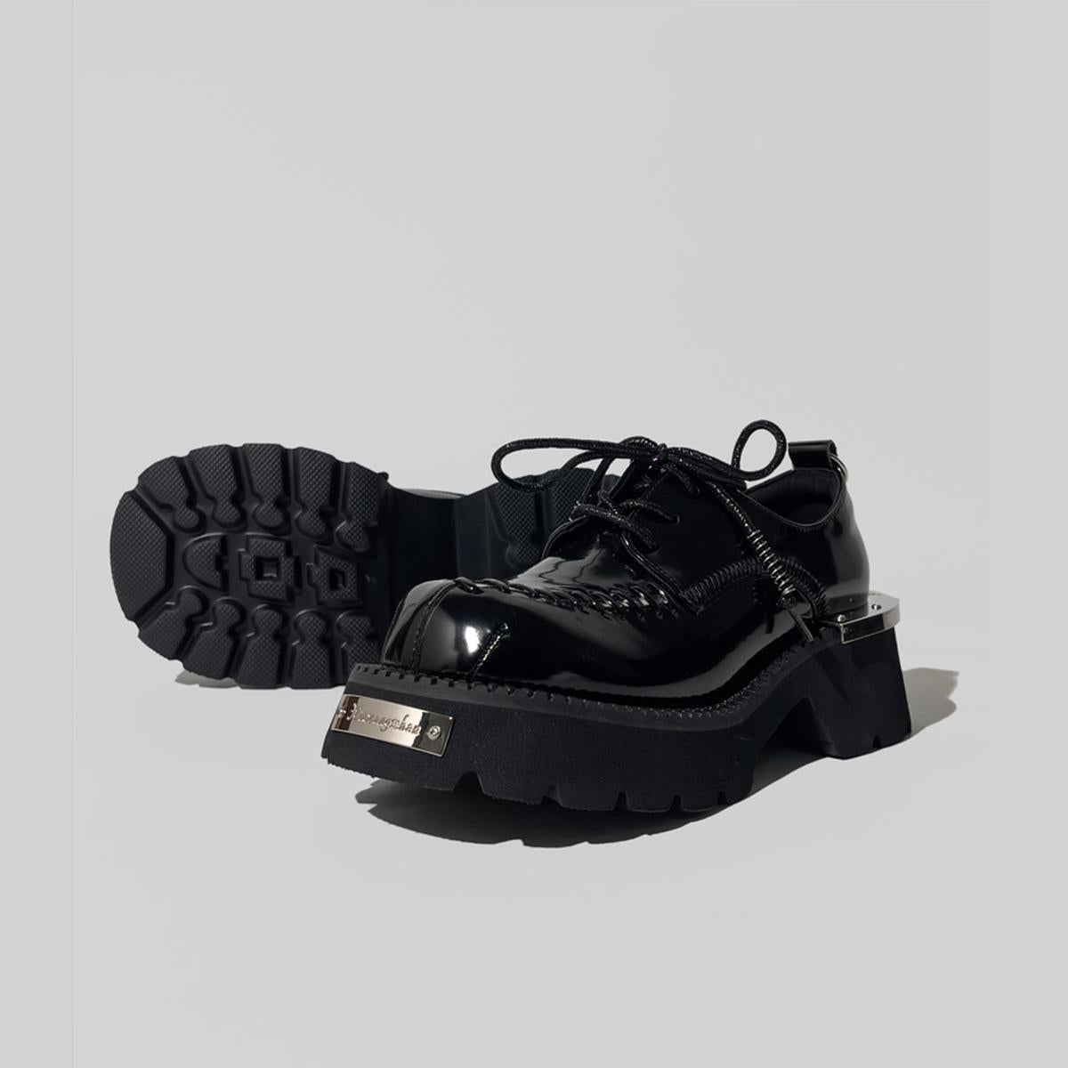 Black Patent Metal-Trim Platform Shoes