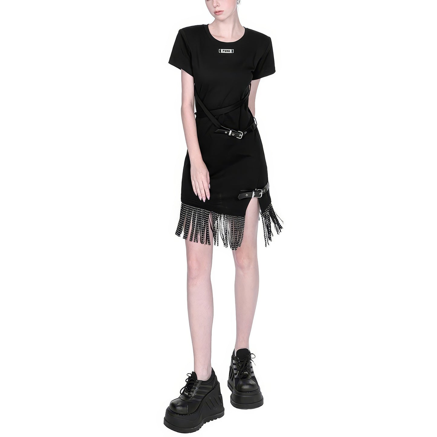 Buckle Strap Asymmetrical Fringe Dress