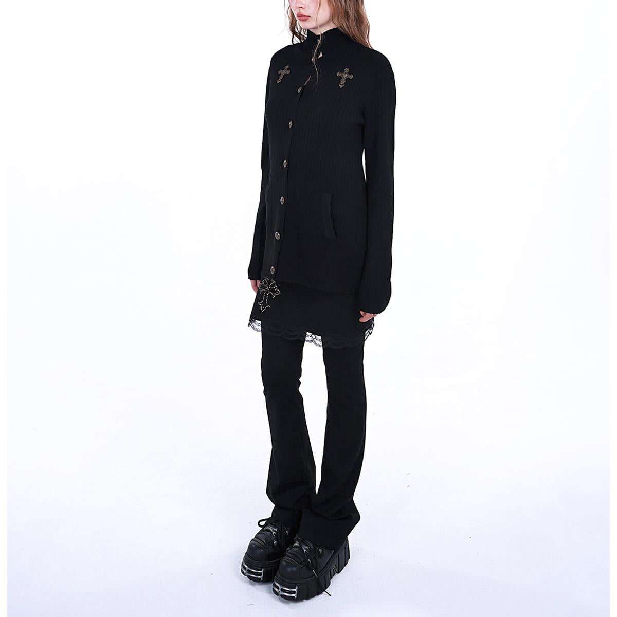 Embroidered Cross Button-Up Ribbed Knit Jacket