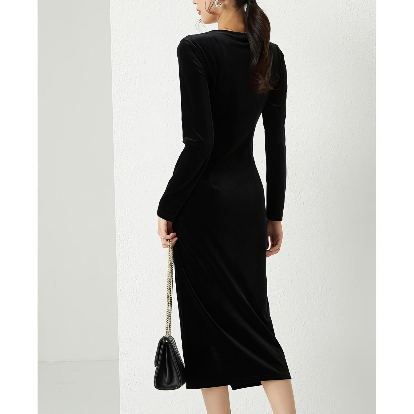 Velvet Wrap Drape Long Sleeve Black Dress