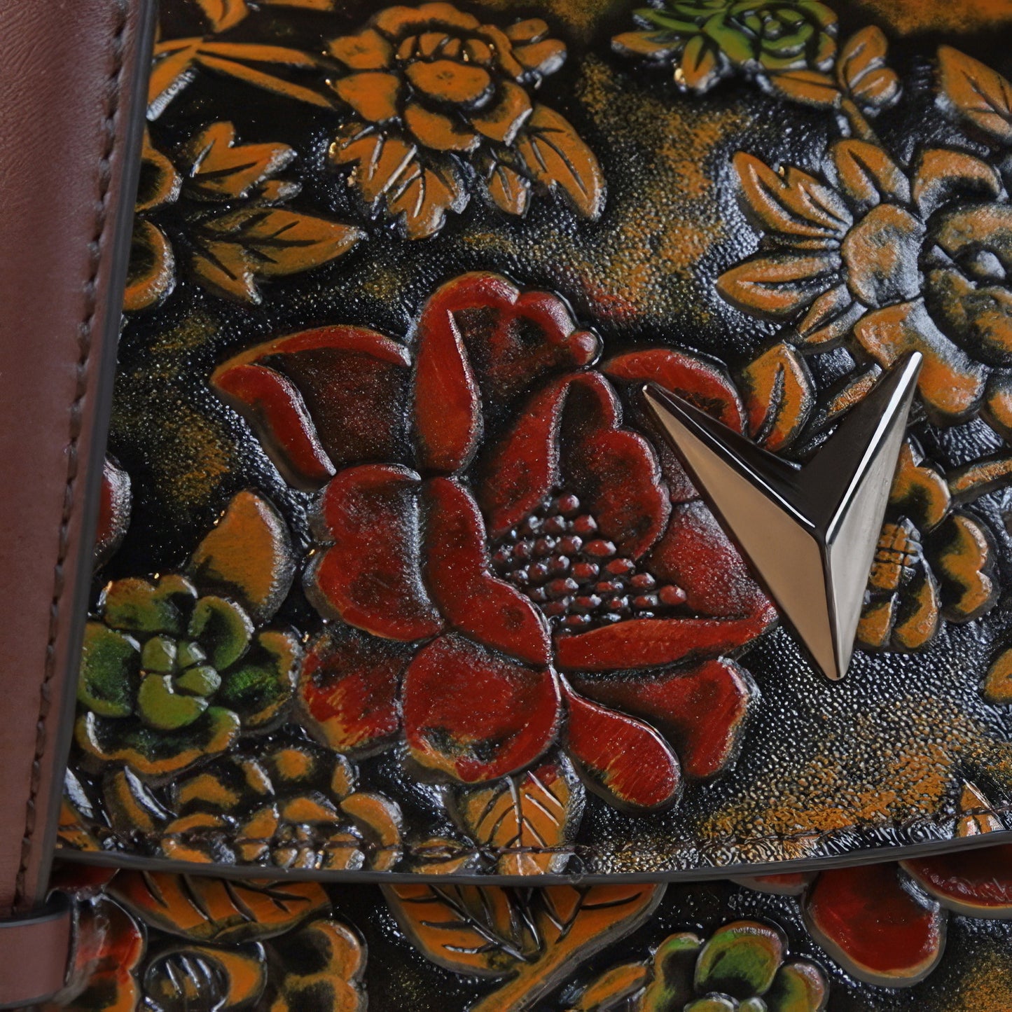 Embossed Burgundy Floral Flap Handle Bag
