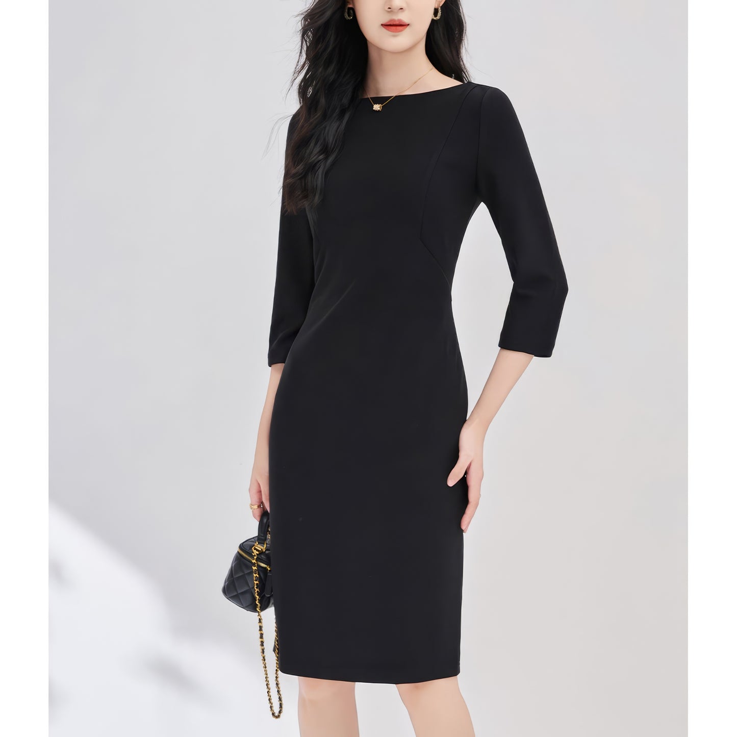 Boat Neck Fitted Black Midi Dress