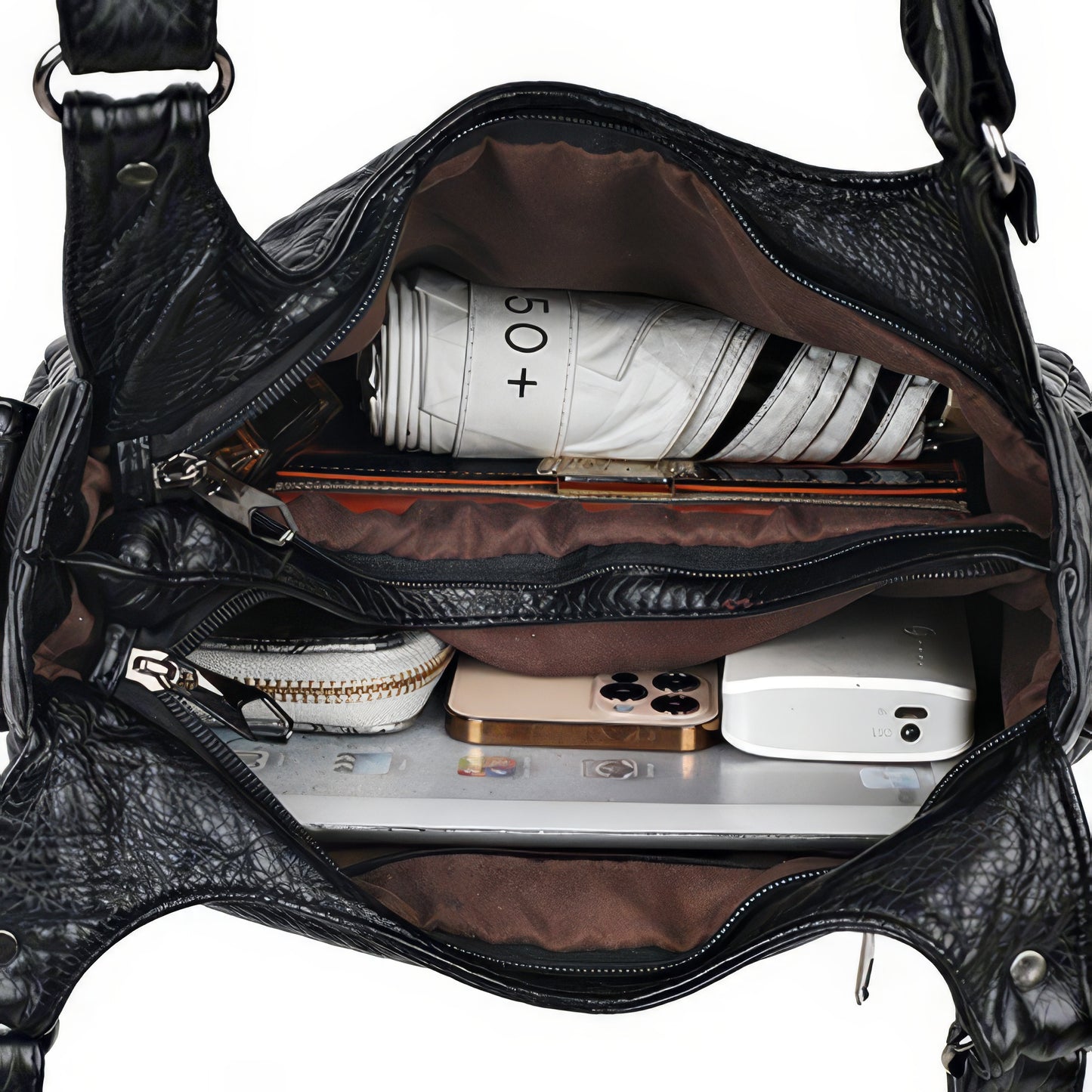 Multi-Zip Textured Faux Leather Shoulder Bag