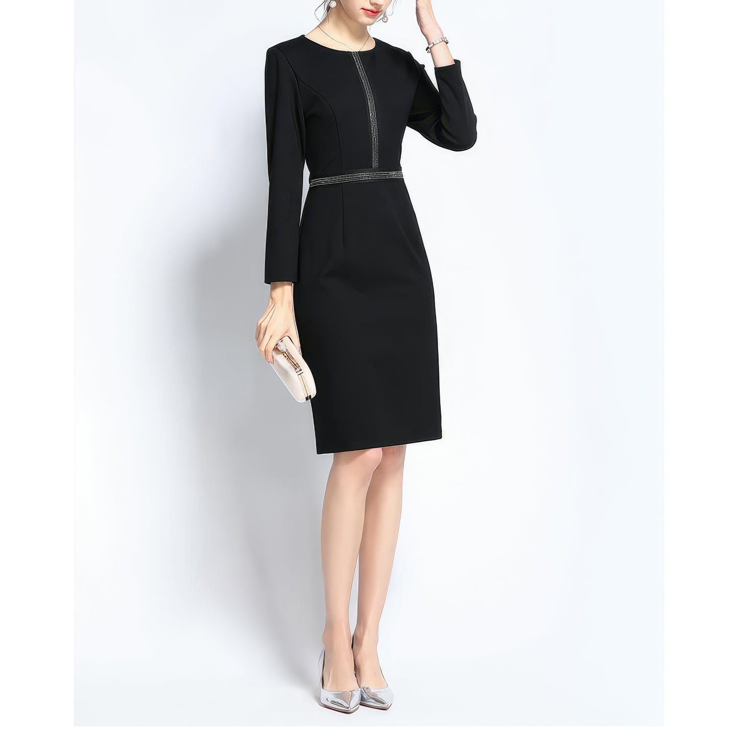 Stitched Detail Long Sleeve Black Pencil Dress