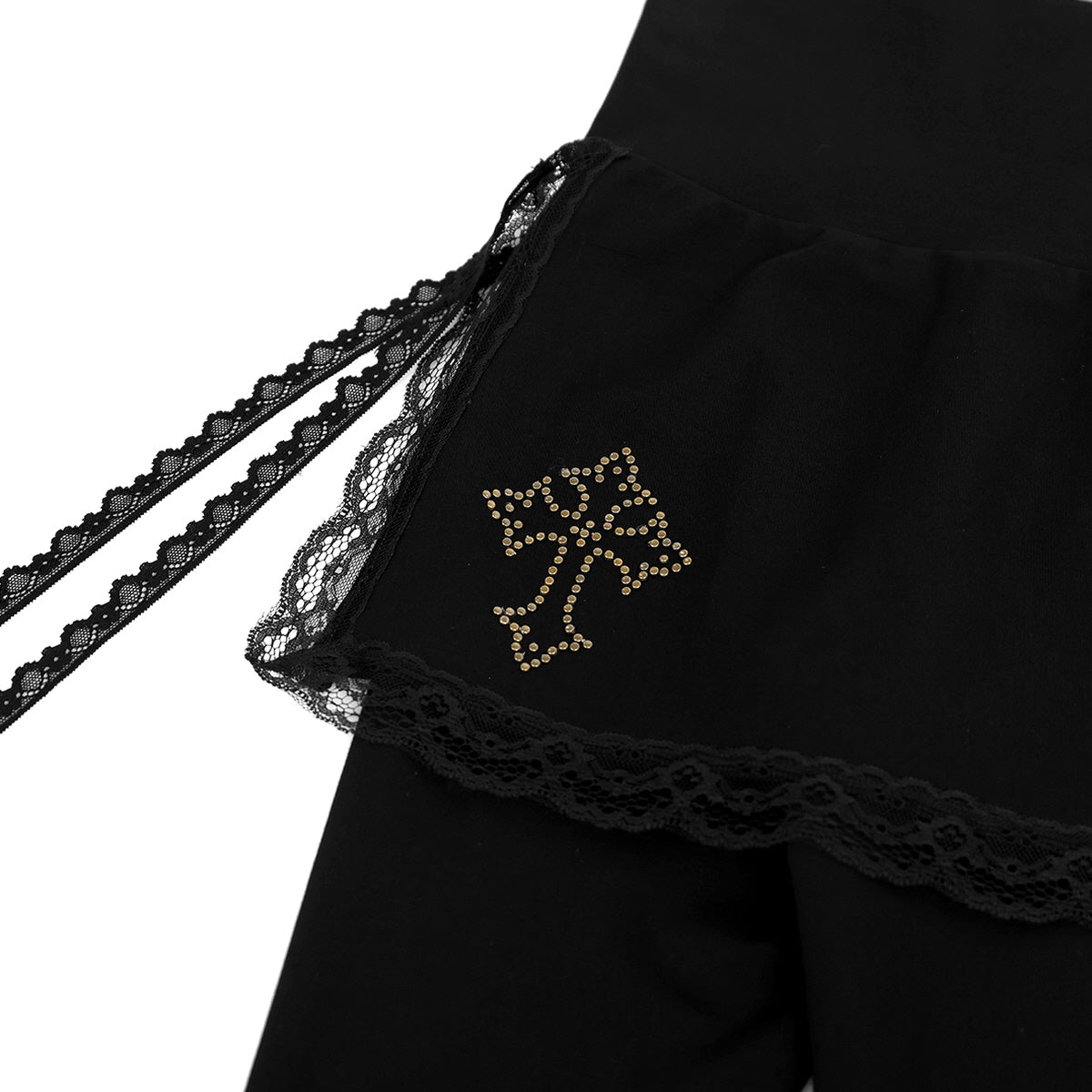 Lace Trim Flared Pants with Layered Skirt Detail