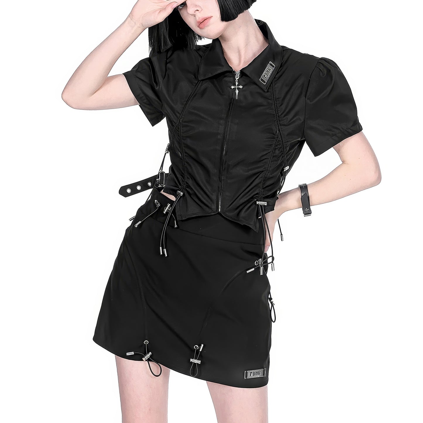 Buckle Strap Drawstring Puff Sleeve Top