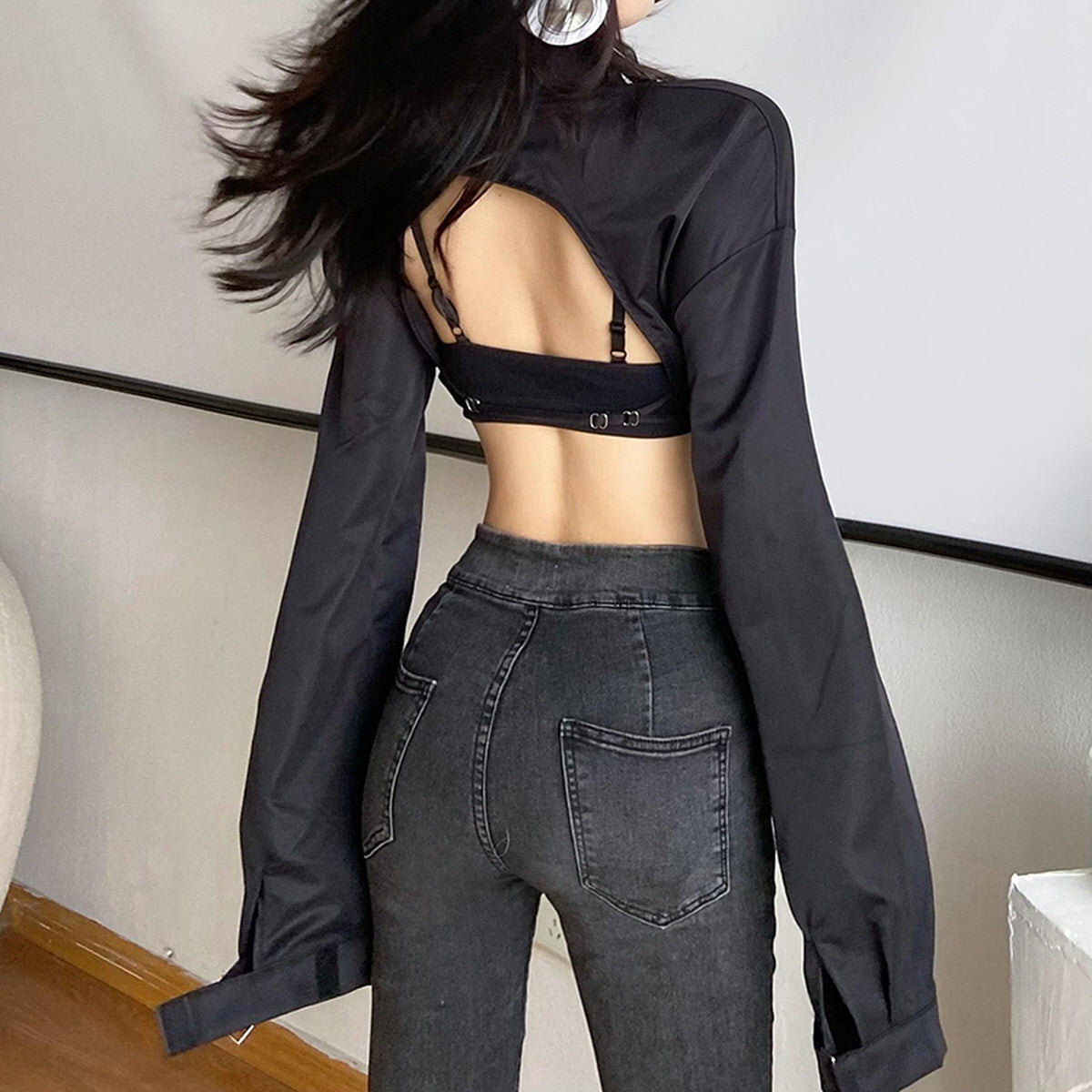 Zip-Up Open Back Bolero Shirt