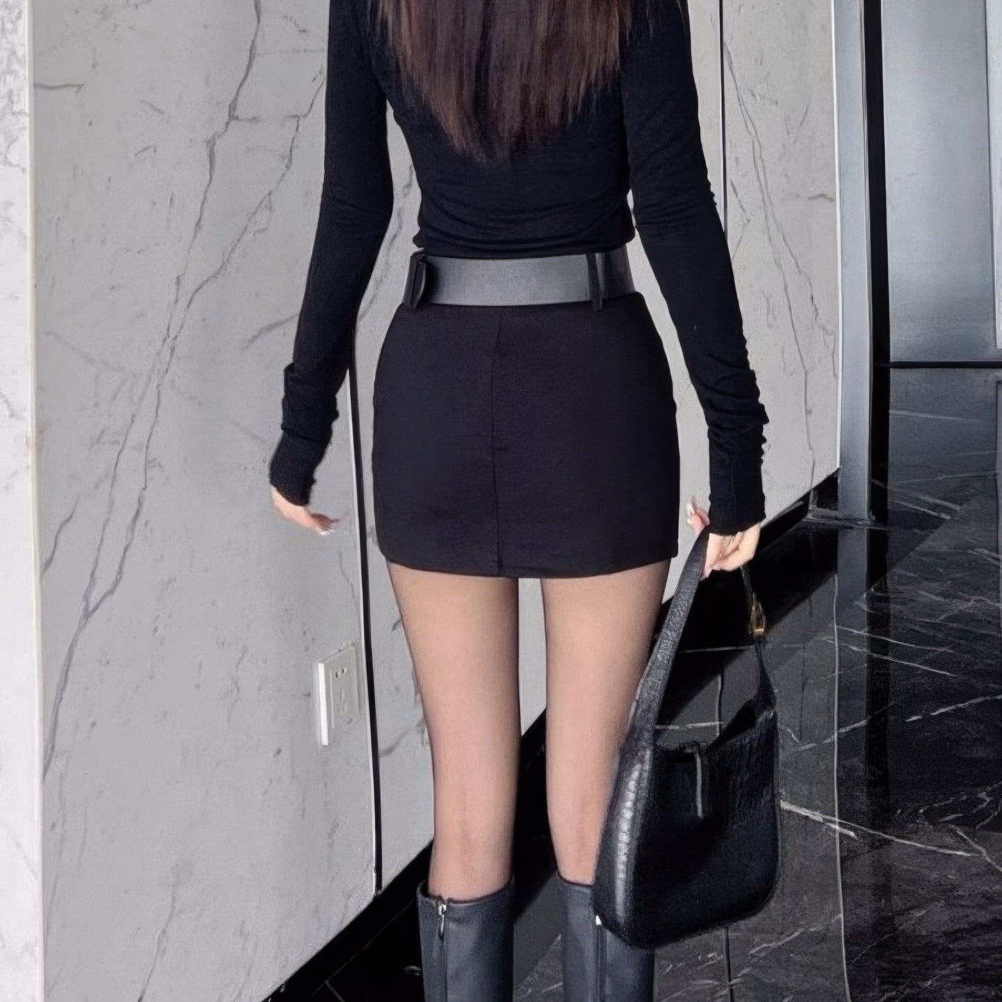 Bold Buckle Belted Black Mini Skirt